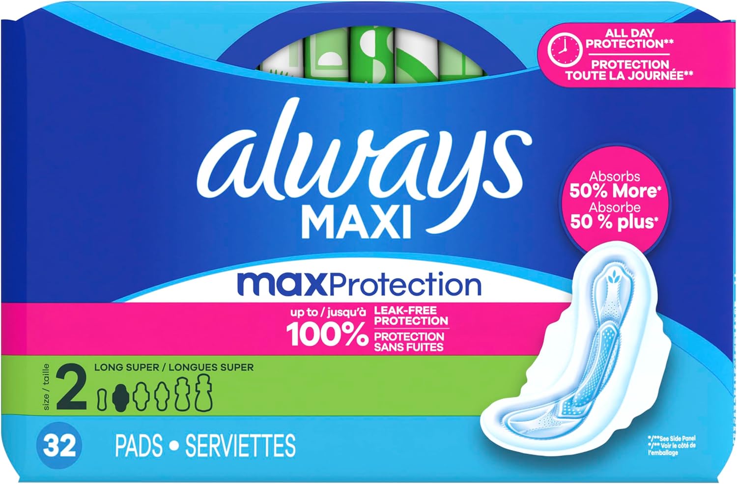 Always Maxi Feminine Pads with Wings for Women, Size 2, Long Super Absorbency, Unscented 60 Count
