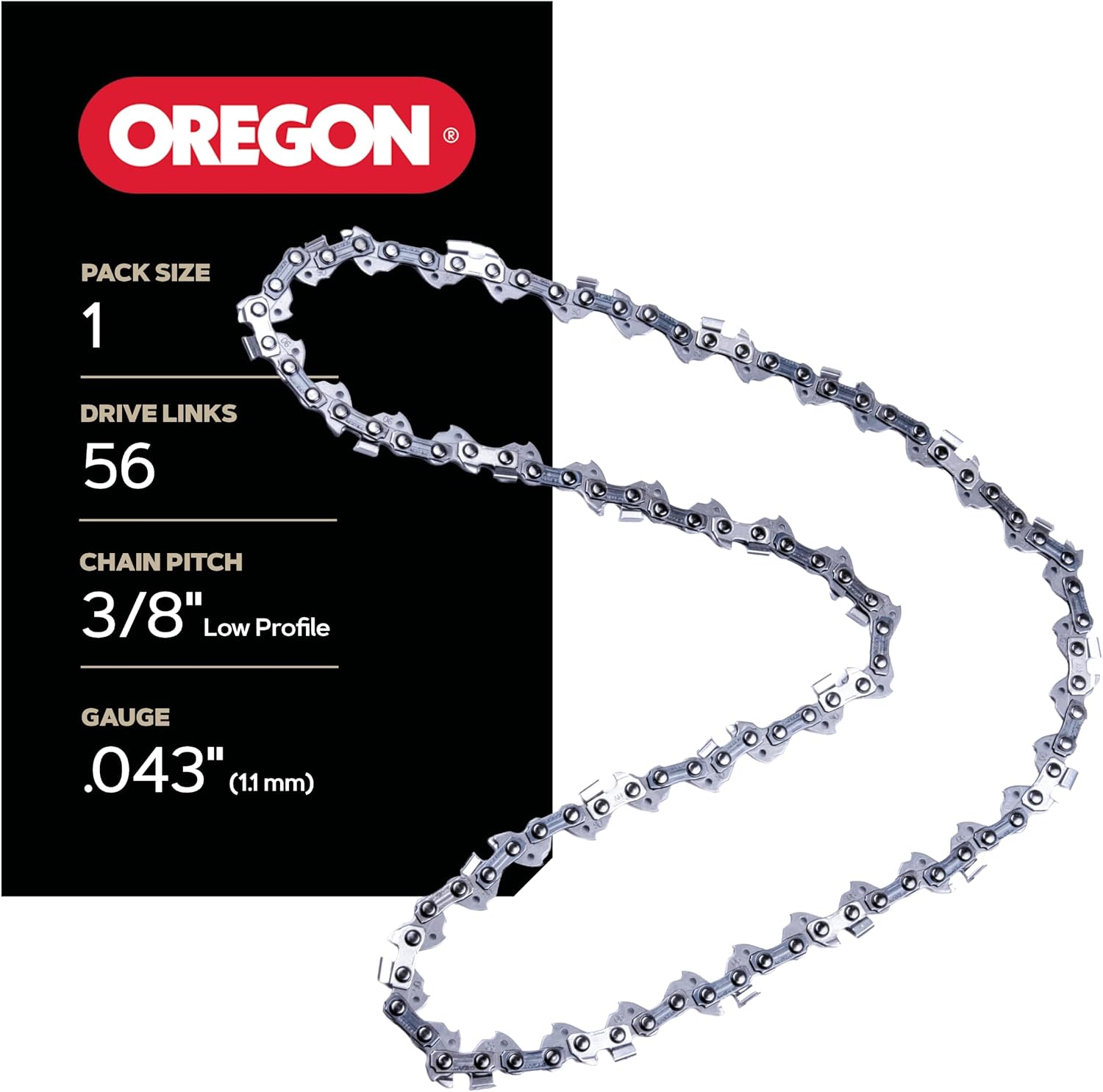 Oregon Chainsaw Chain for 16" Bar, 3/8" LP, .043" Gauge, 56 Drive Links | Low-Kickback Replacement Saw Chain, Fits Greenworks, Makita, Ego