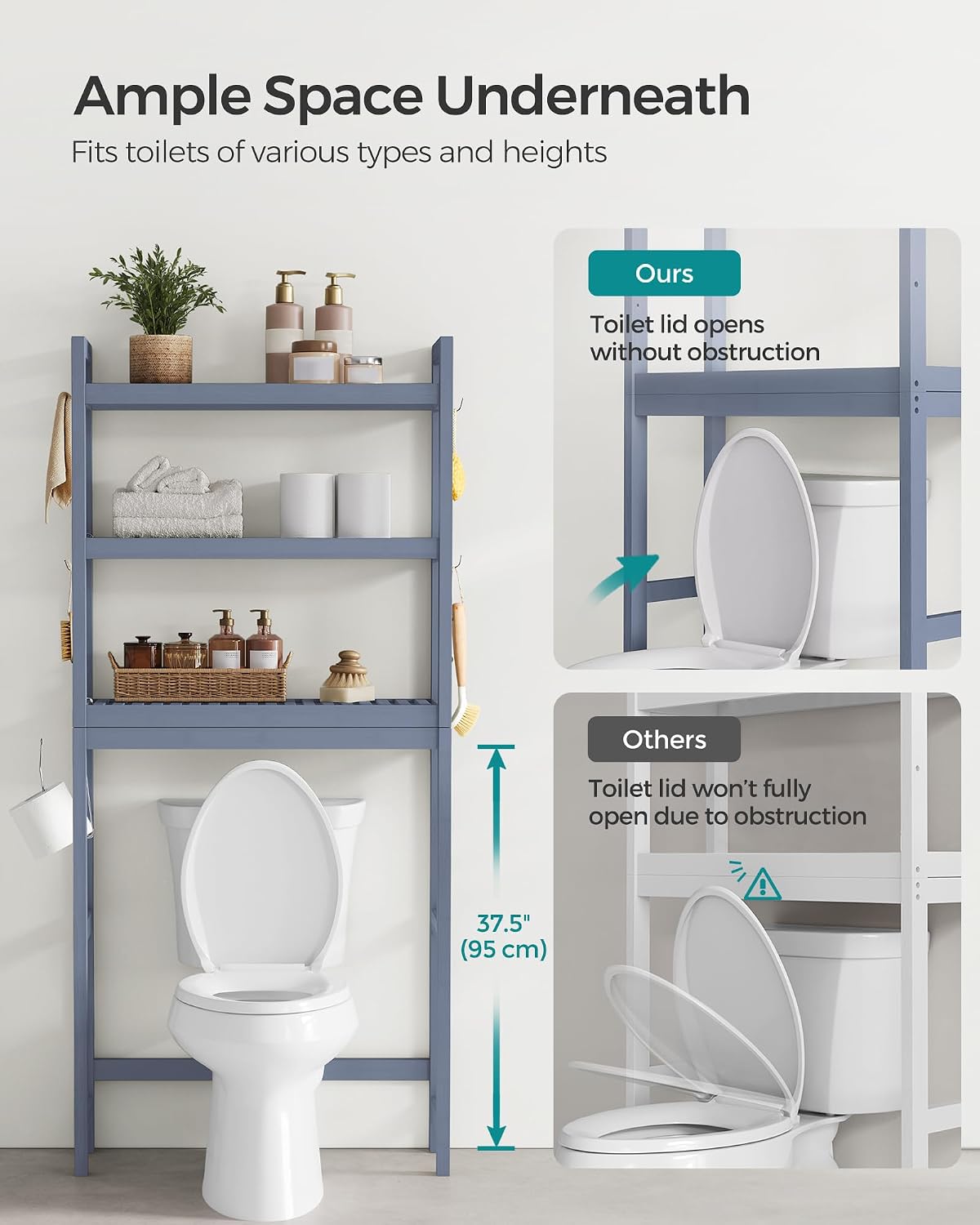 SONGMICS Over The Toilet Storage, 3-Tier Over Toilet Bathroom Organizer with Adjustable Shelf, 10.2 x 24.8 x 66.9 Inches, Space-Saving, Cloud White UBTS01WT