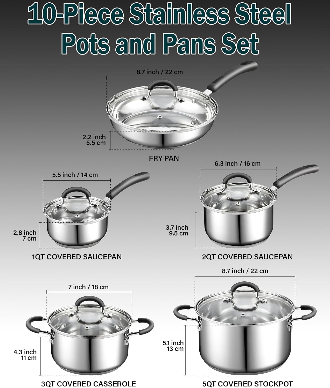 Cook N Home Professional Stainless Steel Cookware Set, 10-Piece | Pots and Pans Kitchen Cooking Set with Stay-Cool Handles, Induction Ready