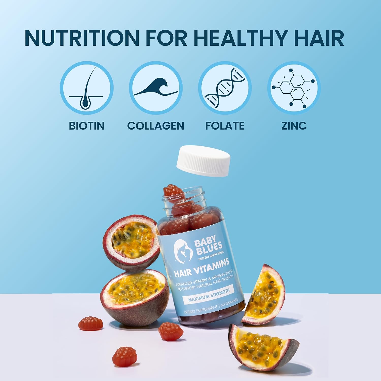 Baby Blues Postpartum Hair Loss Vitamins & Gummies for Women, Biotin & Collagen for Hair Growth Support, Thinning Hair Support
