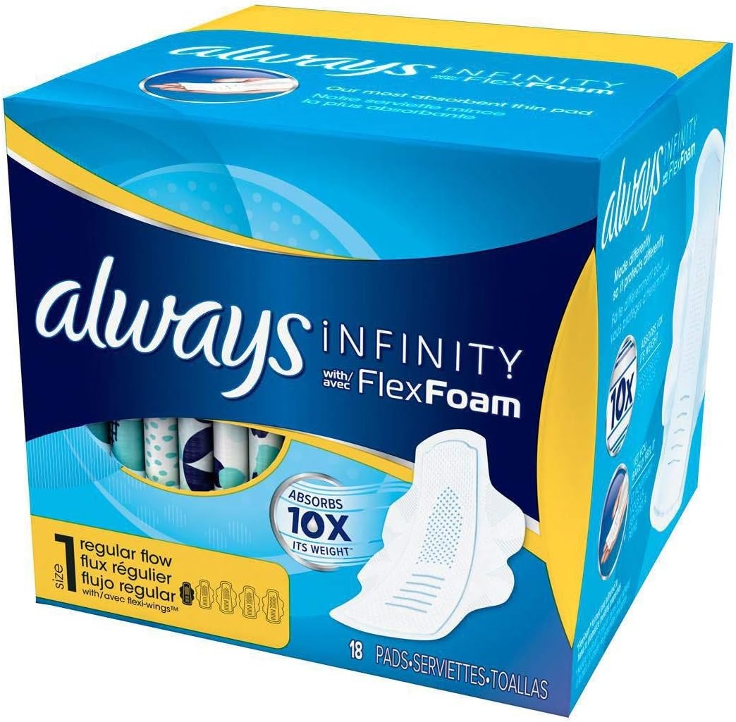 Always Infinity Feminine Pads for Women, Flexfoam Pads with Wings, Size 1, Regular Absorbency, Unscented, 108 Count (3 Packs of 36)