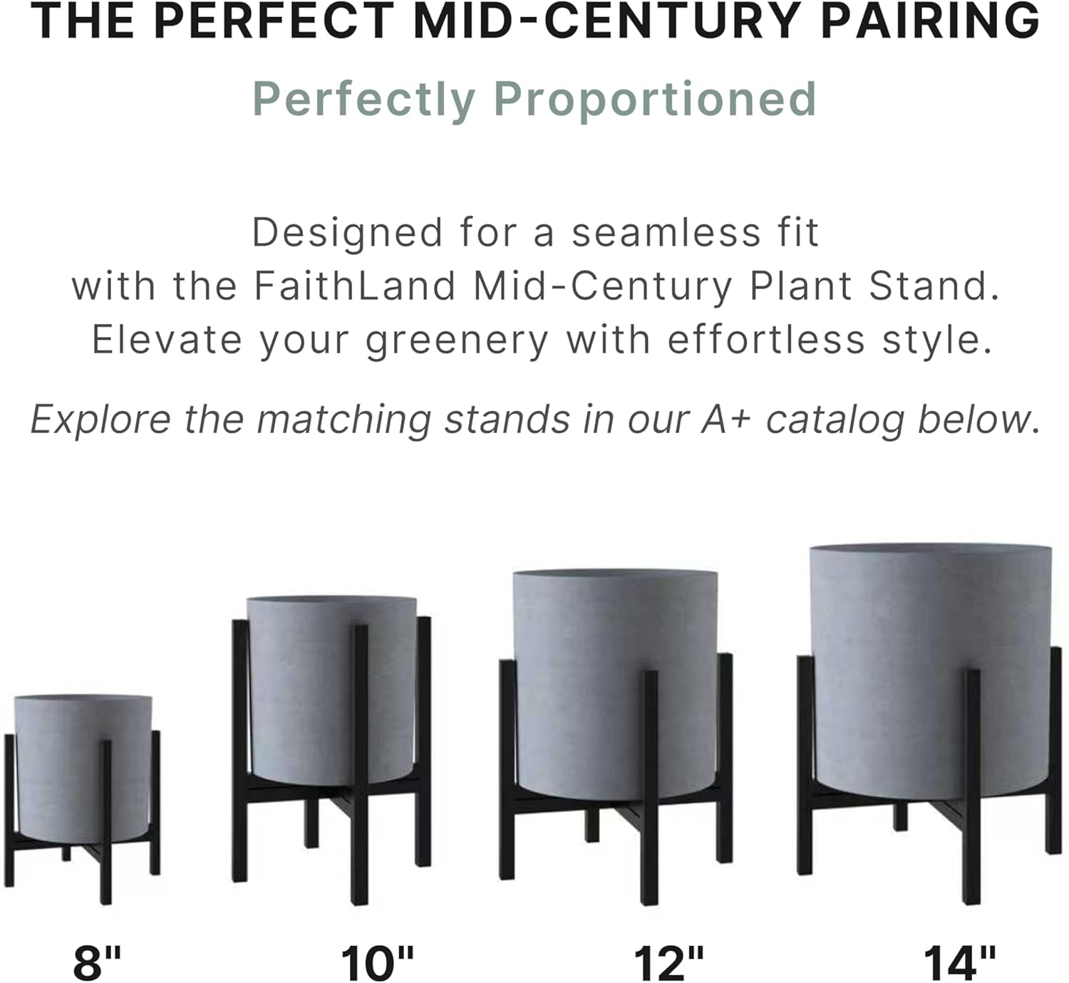 FaithLand 14 Inch Fiberstone Planter - Lightweight Modern Cylinder Plant Pot with Drainage Hole & Plug, Indoor Outdoor Use, Matte White