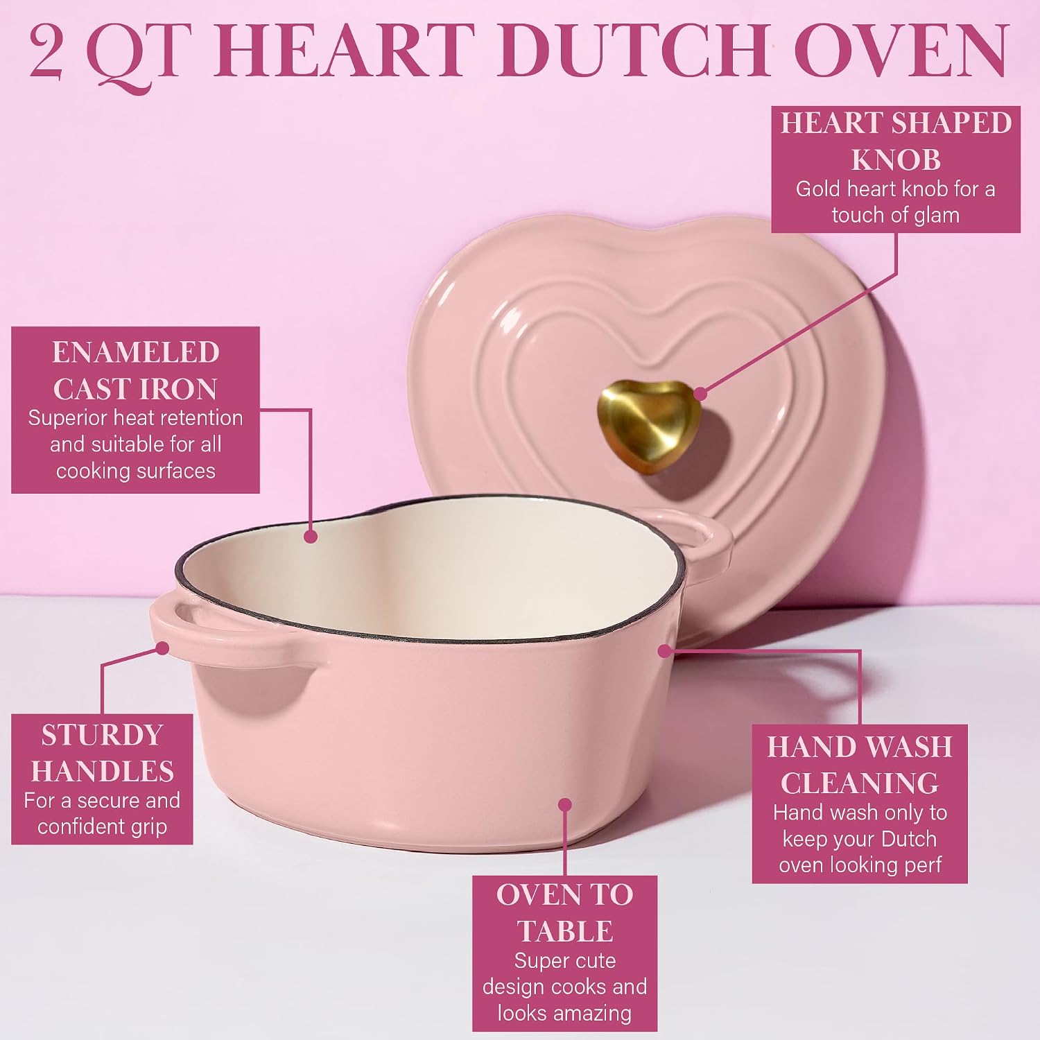 Paris Hilton Enameled Cast Iron Dutch Oven Pot with Lid, Heart-Shaped Dutch Oven, Durable Cast Iron Pot with Dual Handles, Oven Safe to 500°F, Works on All Stovetops, 2-Quart, Cream