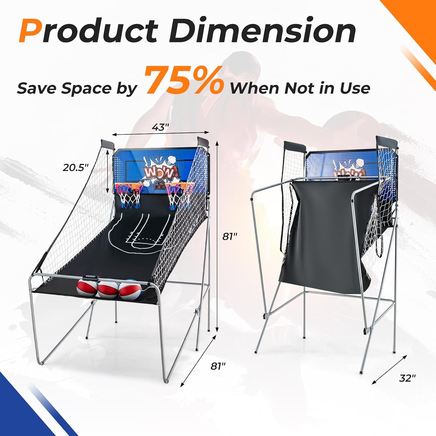 GYMAX Arcade Basketball Game Indoor Foldable with 8 Game Modes, Arcade Sound, 4 Balls and Inflation Pump, Electronic Basketball Games for All Ages Home