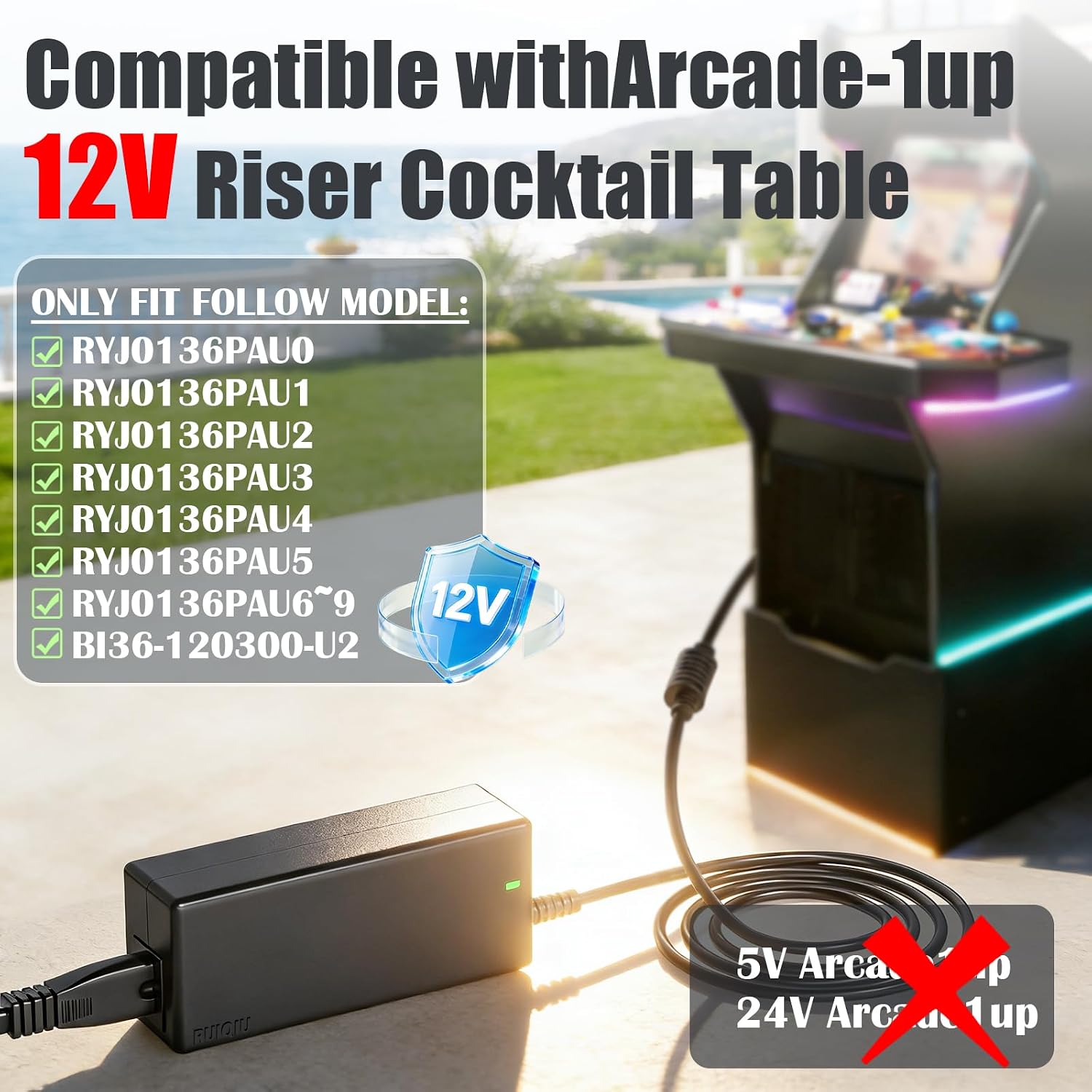 12V Adapter Only Compatible with Arcade1Up Power Cord 12-Volt Game Machine | Compatible with Arcade 1up 12V Riser Cocktail Table Gaming Machine