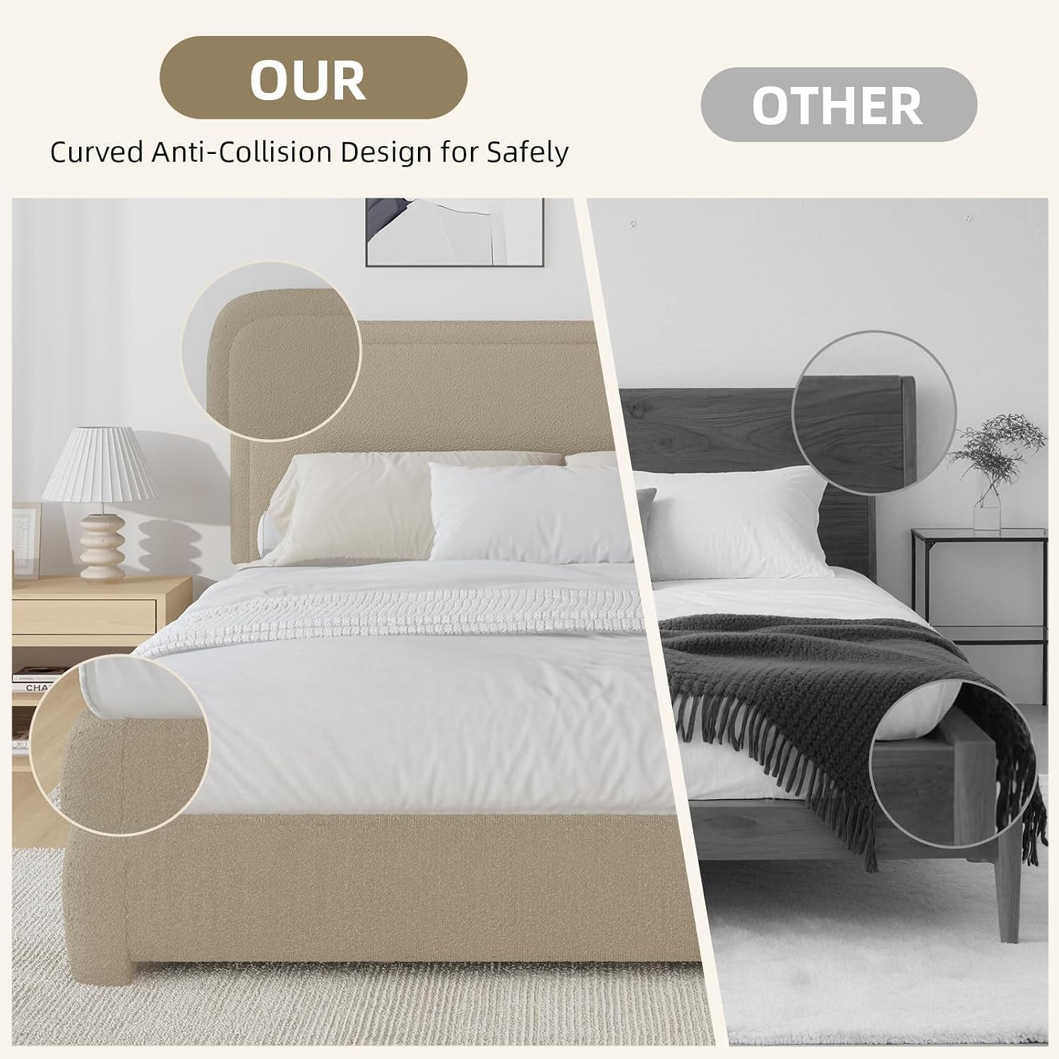 BarnFurin Full Bed Frame, Cloud Boucle Headboard, Rounded Corners, White | Soft boucle and rounded edges create a low-profile cloud look. Wooden slats support the mattress without a box spring