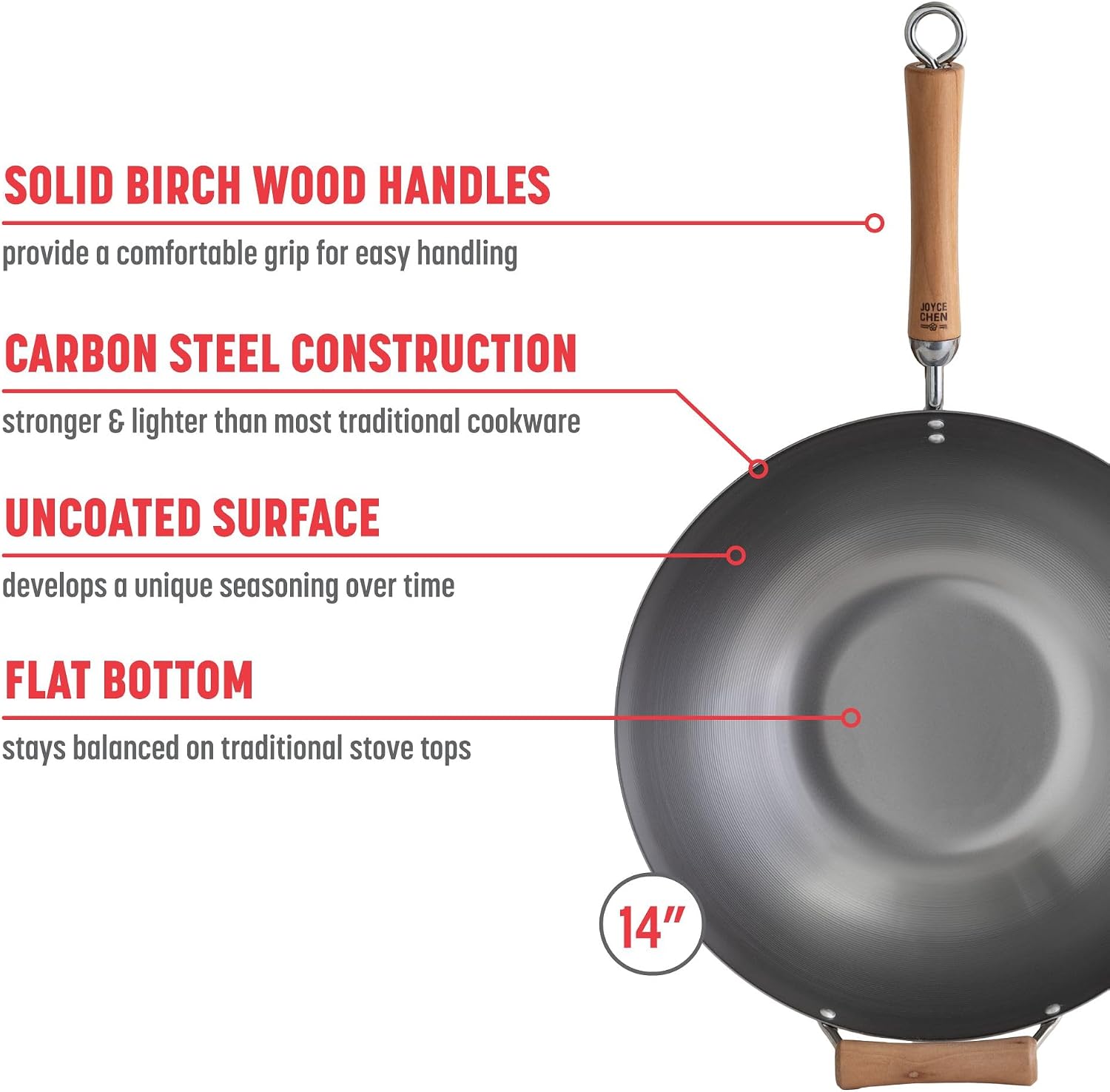 JOYCE CHEN Classic Series 12-Inch Carbon Steel Stir Fry Pan with Birch Handle