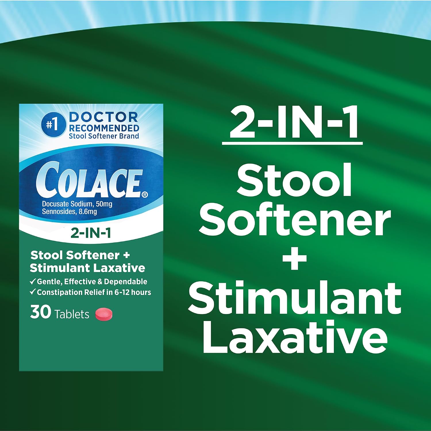 Colace 2-in-1 Stool Softener Plus Stimulant Laxative Tablets, 60 Count