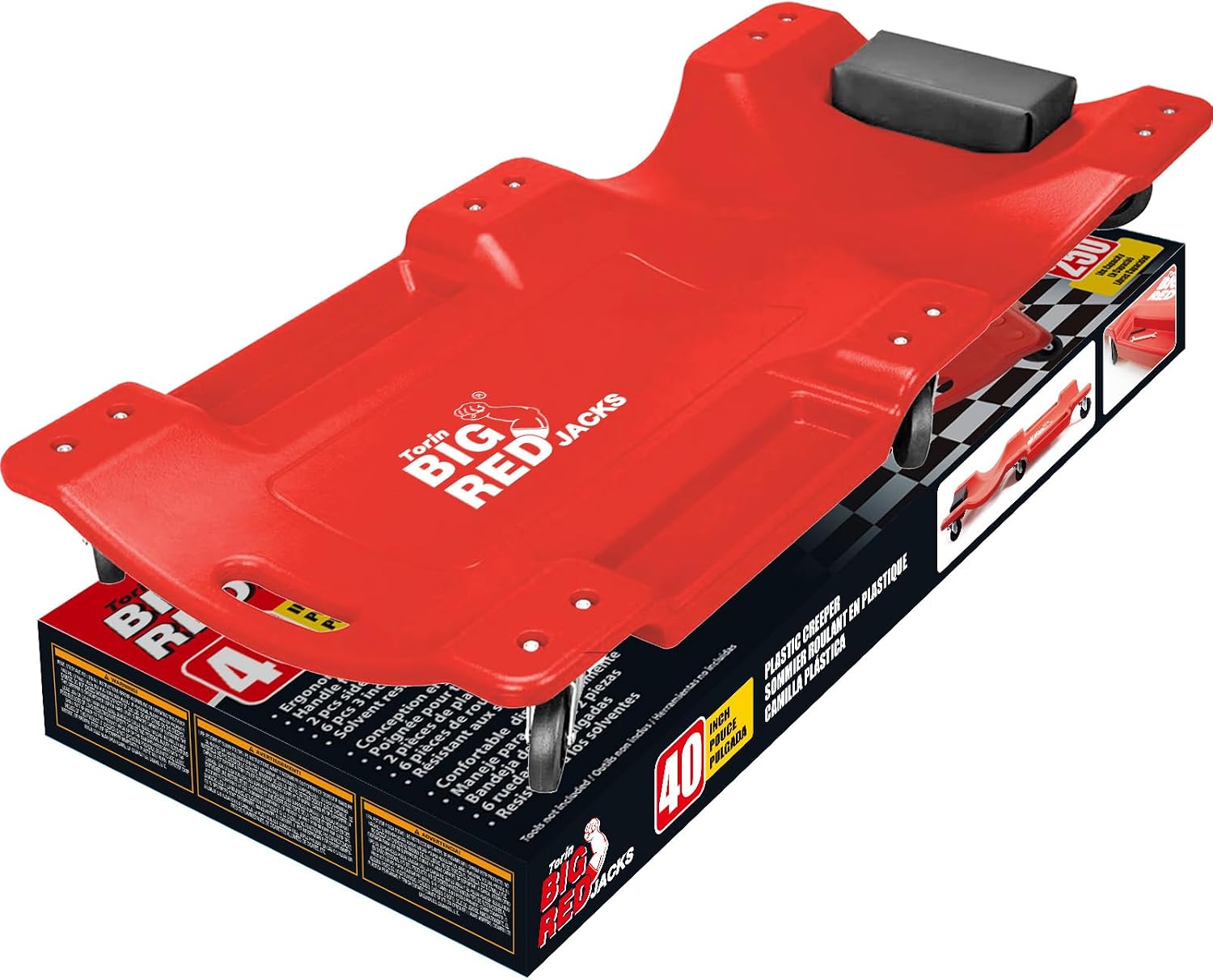 BIG RED TRP6240 Torin Blow Molded Plastic Rolling Garage/Shop Creeper: 40" Mechanic Cart with Padded Headrest, Dual Tool Trays and 6 Casters, Red