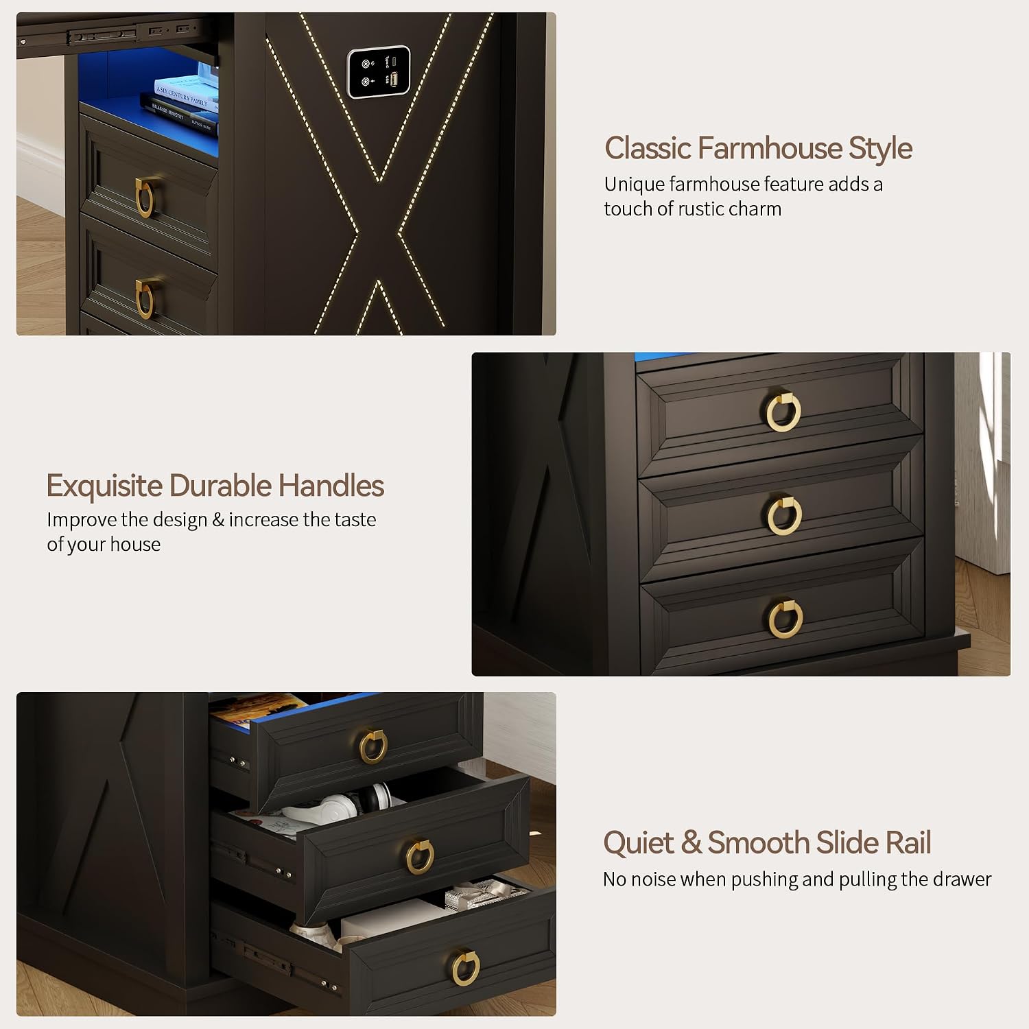 Lvifur LED Nightstand with Lockable Gun Drawer and Human Sensor, Black | USB & Type-C Charging Station, 3 Dimmable Lights, Adjustable Brightness, 3 Drawers, Farmhouse Style, Human Body Induction