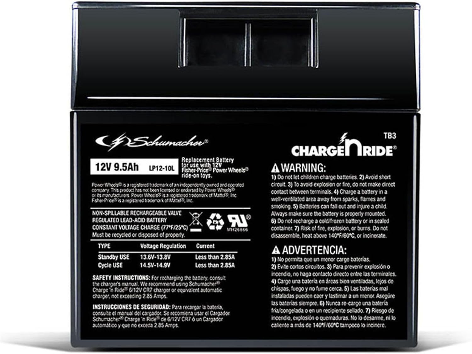 Schumacher Electric 12V Battery for Ride on Toys - TB3 12V 9.5 Amp Hours & Replaceable Fuse - Rechargeable 12V Ride On Replacement Battery for
