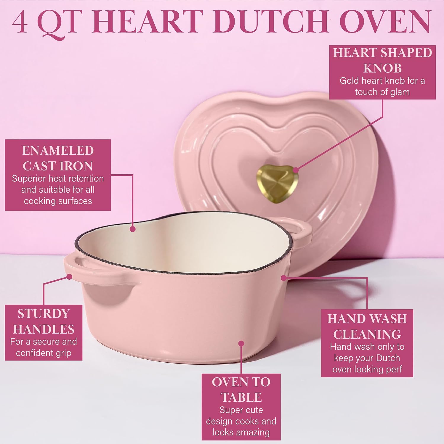 Paris Hilton Enameled Cast Iron Dutch Oven Pot with Lid, Heart-Shaped Dutch Oven, Durable Cast Iron Pot with Dual Handles, Oven Safe to 500°F, Works on All Stovetops, 2-Quart, Cream