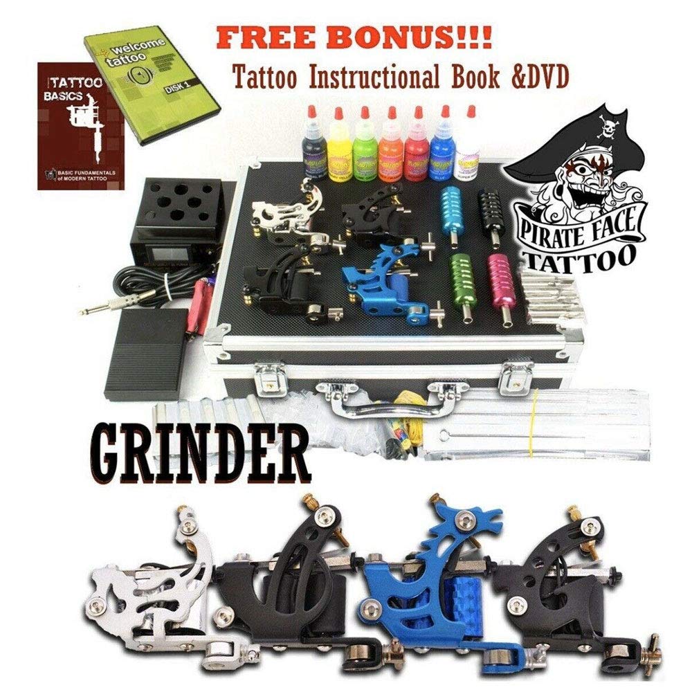 Grinder Tattoo Kit by Pirate Face Tattoo / 4 Tattoo Machine Guns - Power Supply / 7 Ink by Radiant Colors - Made in the USA/LCD Power Supply / 50