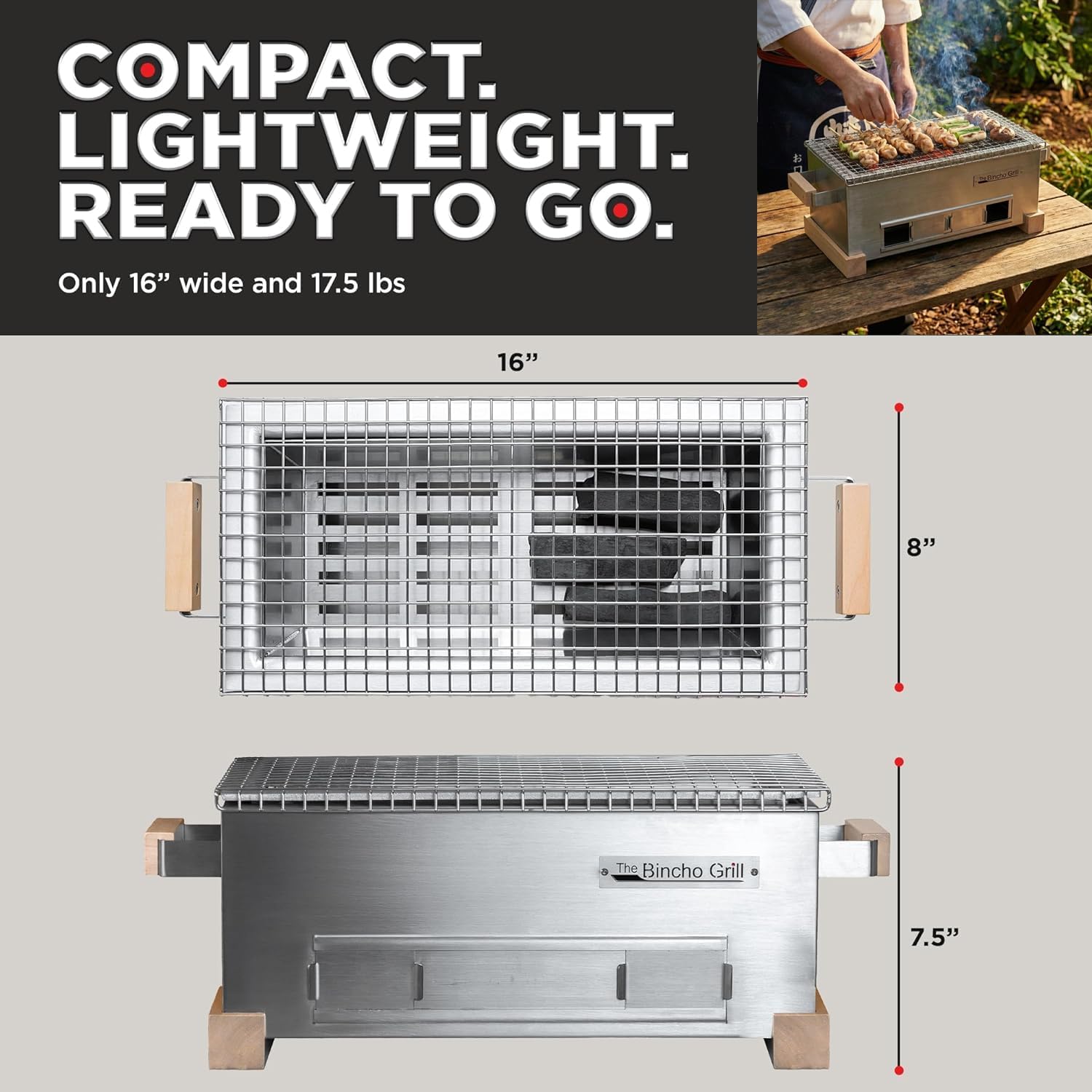 The Bincho Grill 16" Mini Yakitori Grill – Stainless Steel Mini Tabletop Charcoal BBQ with Charcoal Box