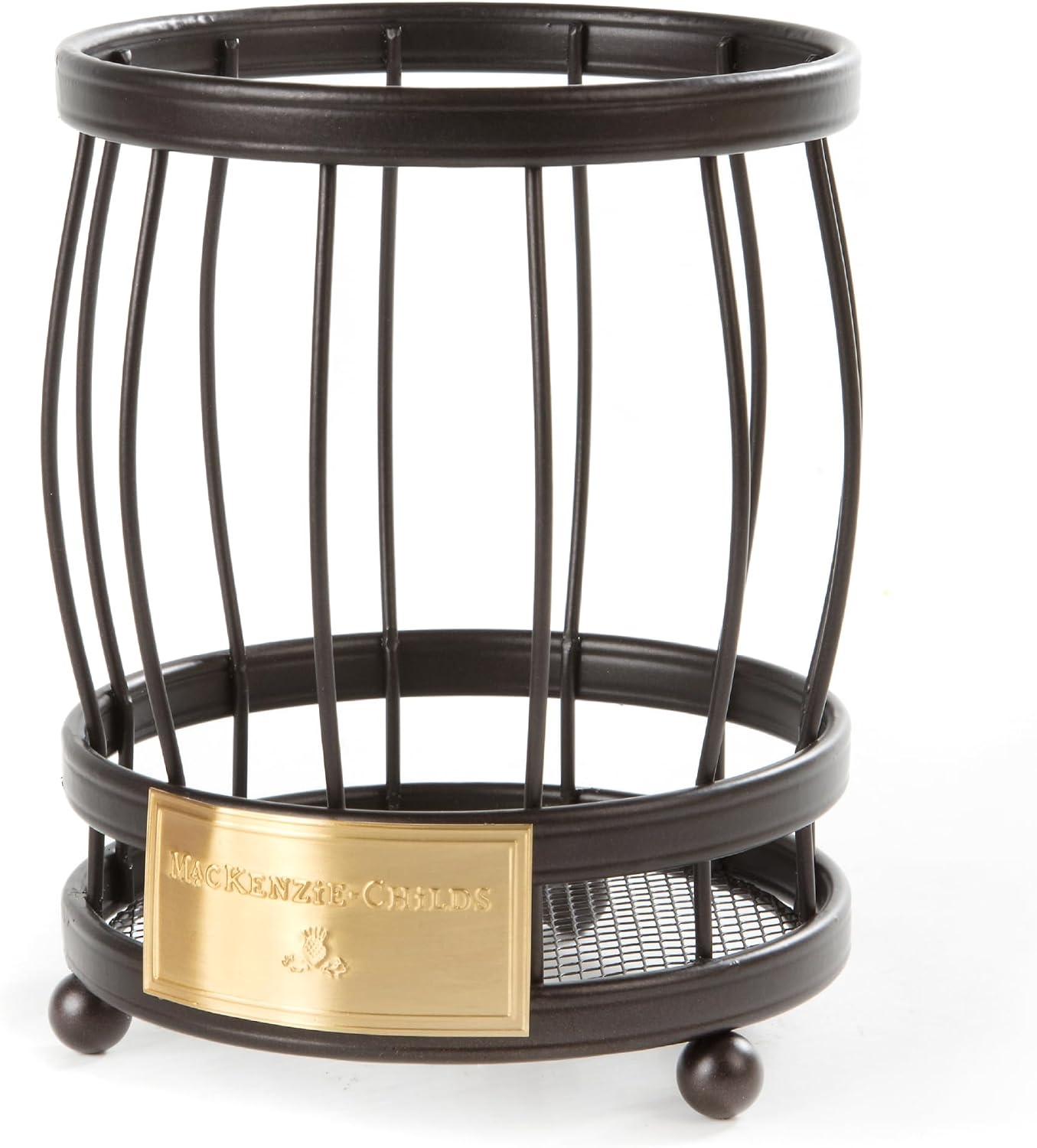 MACKENZIE-CHILDS Utensil Caddy | Sturdy cutlery organizer, made from coated carbon steel with brass logo plate, 6" dia. x 7" H