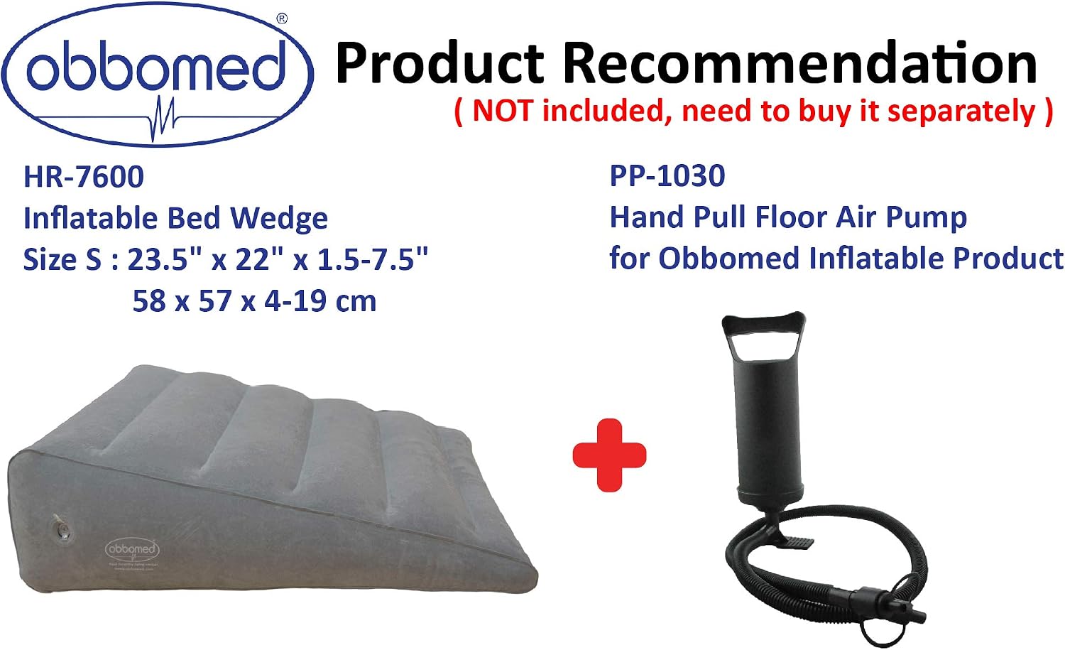 ObboMed HR-7510 Inflatable Portable Bed Wedge Pillow with Velour Surface for Sleeping, Travel, Trip Vacation, Horizontal Indention Prevent Sliding, 23” x 22” x(7.5”~1.5”), Cyan