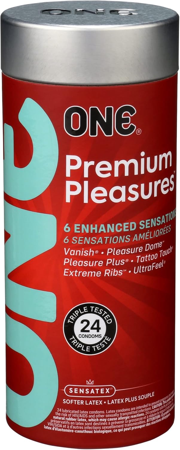 ONE® Premium Pleasures™ Condoms | 6 Pleasure-Enhancing Styles | Variety Pack | Ultra Thin Latex Condoms | Extra Lubricated | Triple Tested