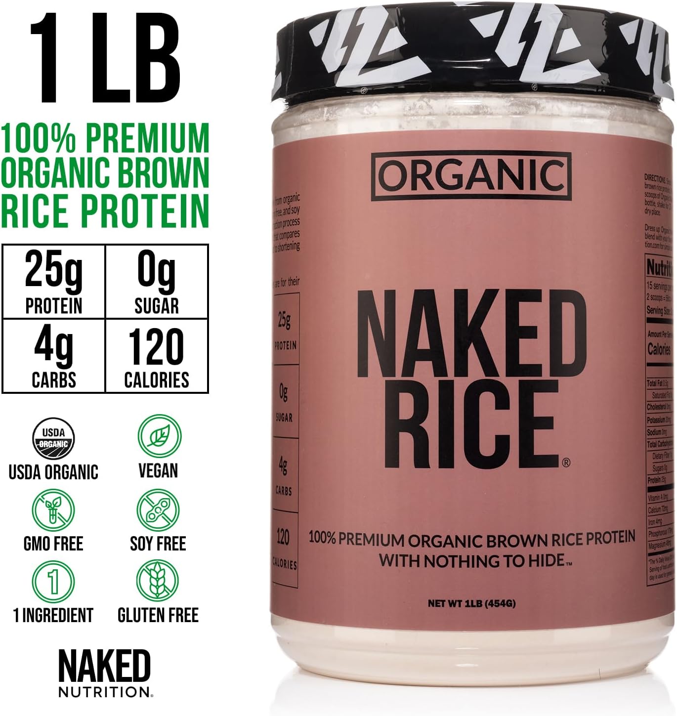 NAKED nutrition Rice - Organic Brown Rice Protein Powder - Vegan Protein Powder - 5Lb Bulk, Gmo Free, Gluten Free & Soy Free. Plant-Based Protein, No Artificial Ingredients - 76 Servings