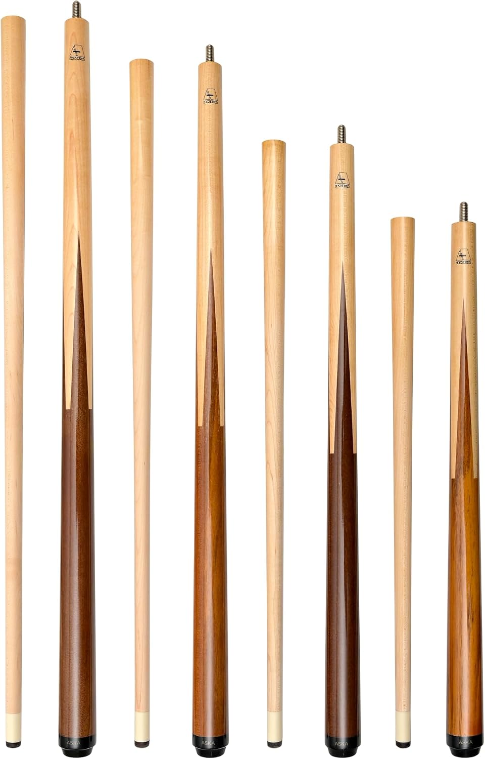 ASKA Short Pool Cue Set of 4, Sneaky Pete Bar Cues, Malaswood Spliced Maple, Hard Rock Maple Shaft, 13mm Tip, 36 42 48 52 Inch Mixed Length