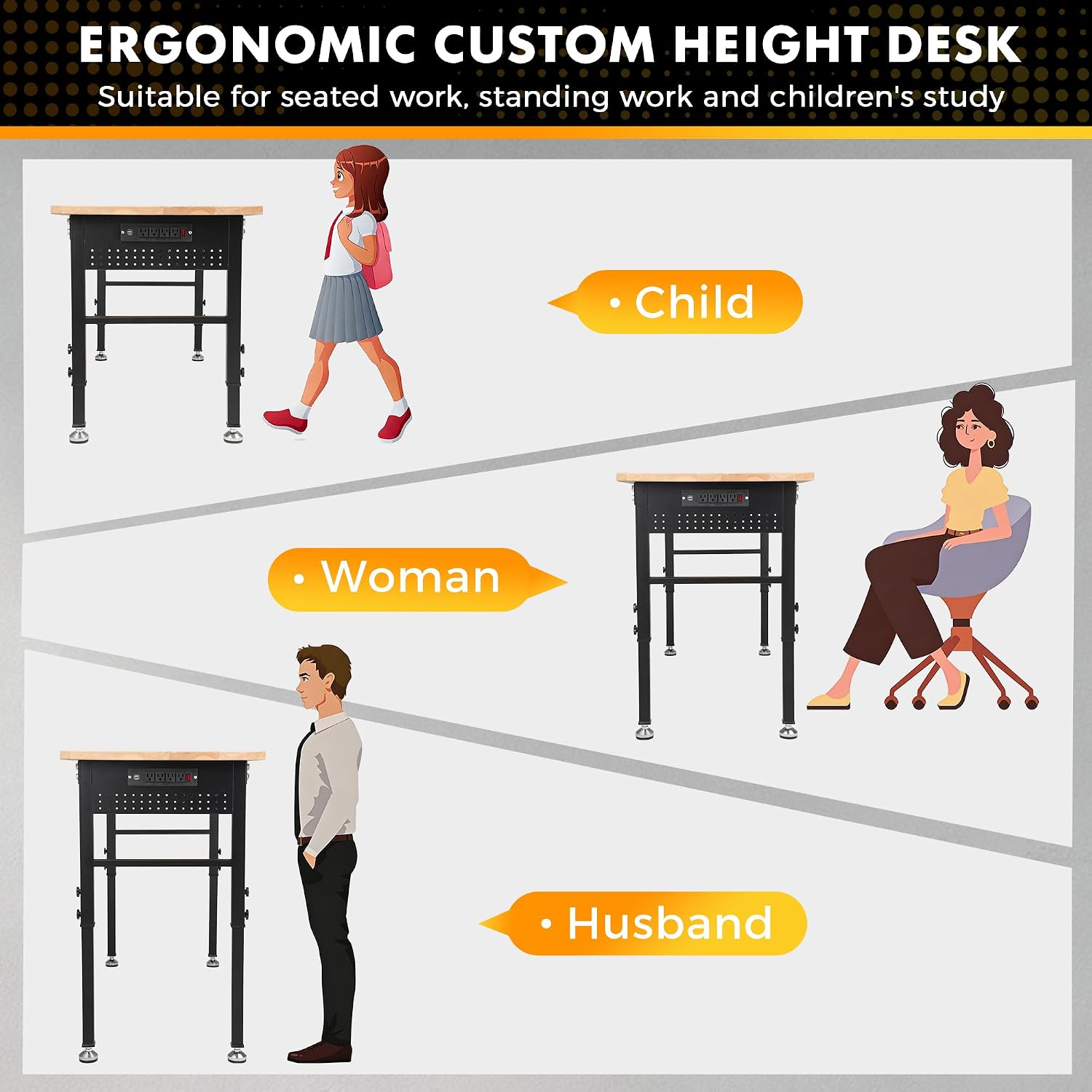 48" Adjustable Rubberwood Workbench with Foldable Extension Board & Power Outlet, Extra Large 48x32In 9-Level Height 27"-37", 2000 LBS Heavy Duty for Workshop Garage Office Home