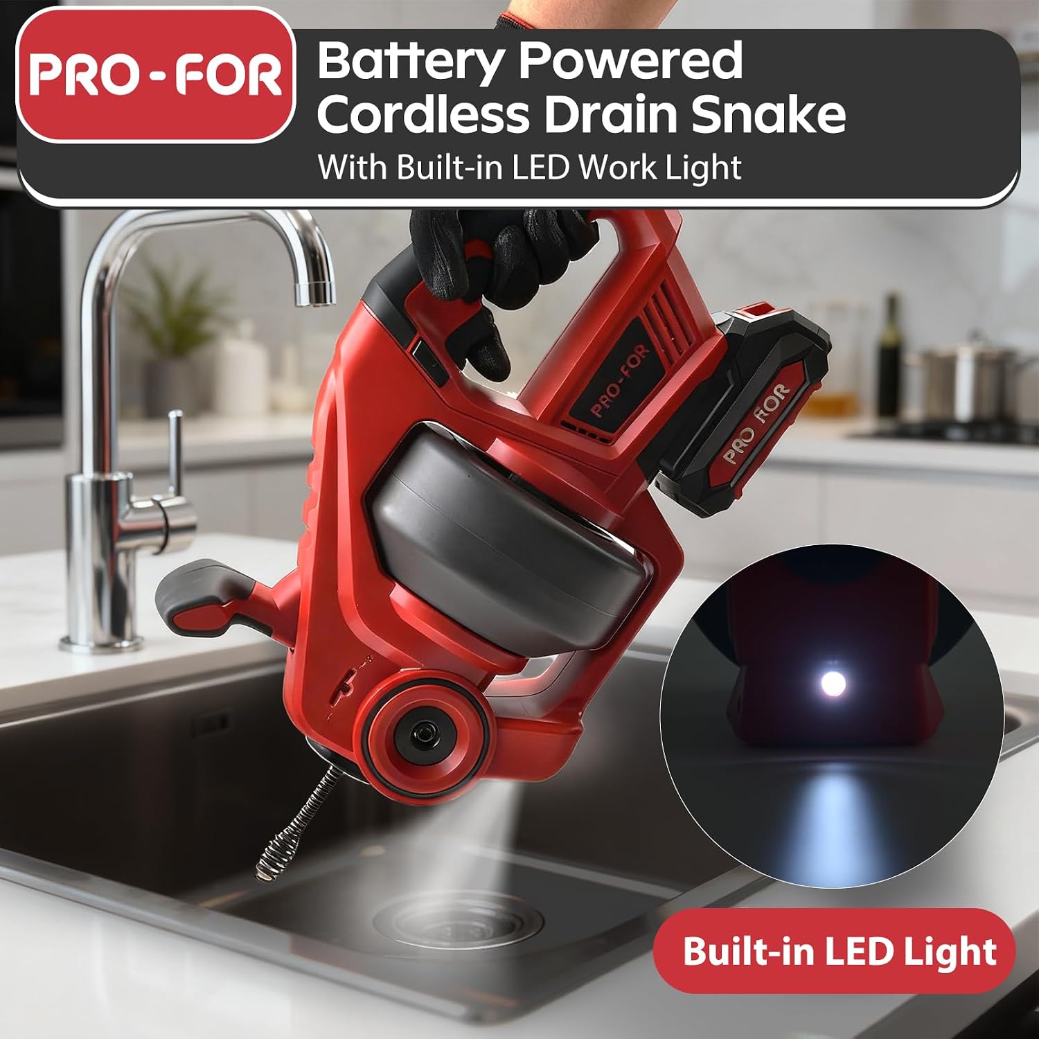20V Cordless Electric Drain Auger, 25Ft Auto-Feed Drain Snake, Replaceable Cable, 2.0Ah Battery & Charger, LED Light, Clog Remover for Sink, Shower
