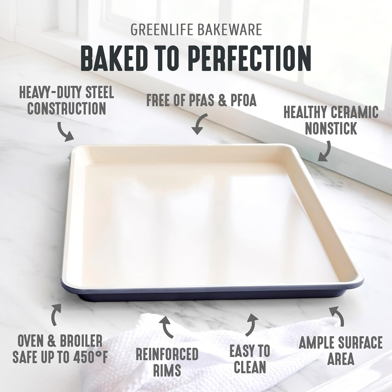 GreenLife 13" x 9" Quarter Sheet Baking Pans, 2 Piece Bakeware Set, PFAS-Free Ceramic Nonstick Rectangular Cookie Trays, Oven Safe to 450°F