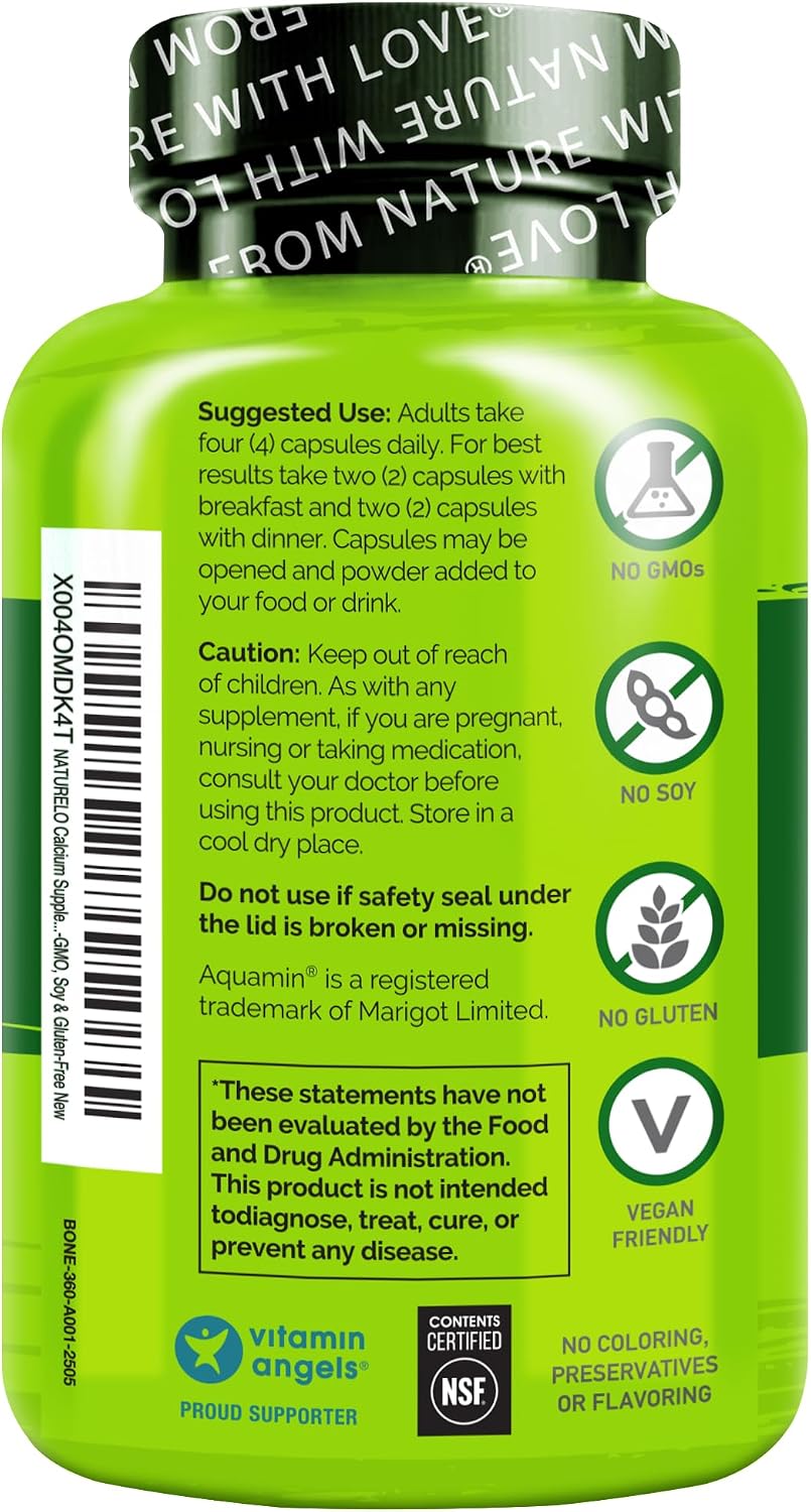 NATURELO Calcium Supplement with Vitamin C, D3, K2, 120 Vegetarian Capsules | Magnesium & Zinc for Bone Strength,Plant-Based Calcium 600mg , Non-GMO, Soy & Gluten-Free