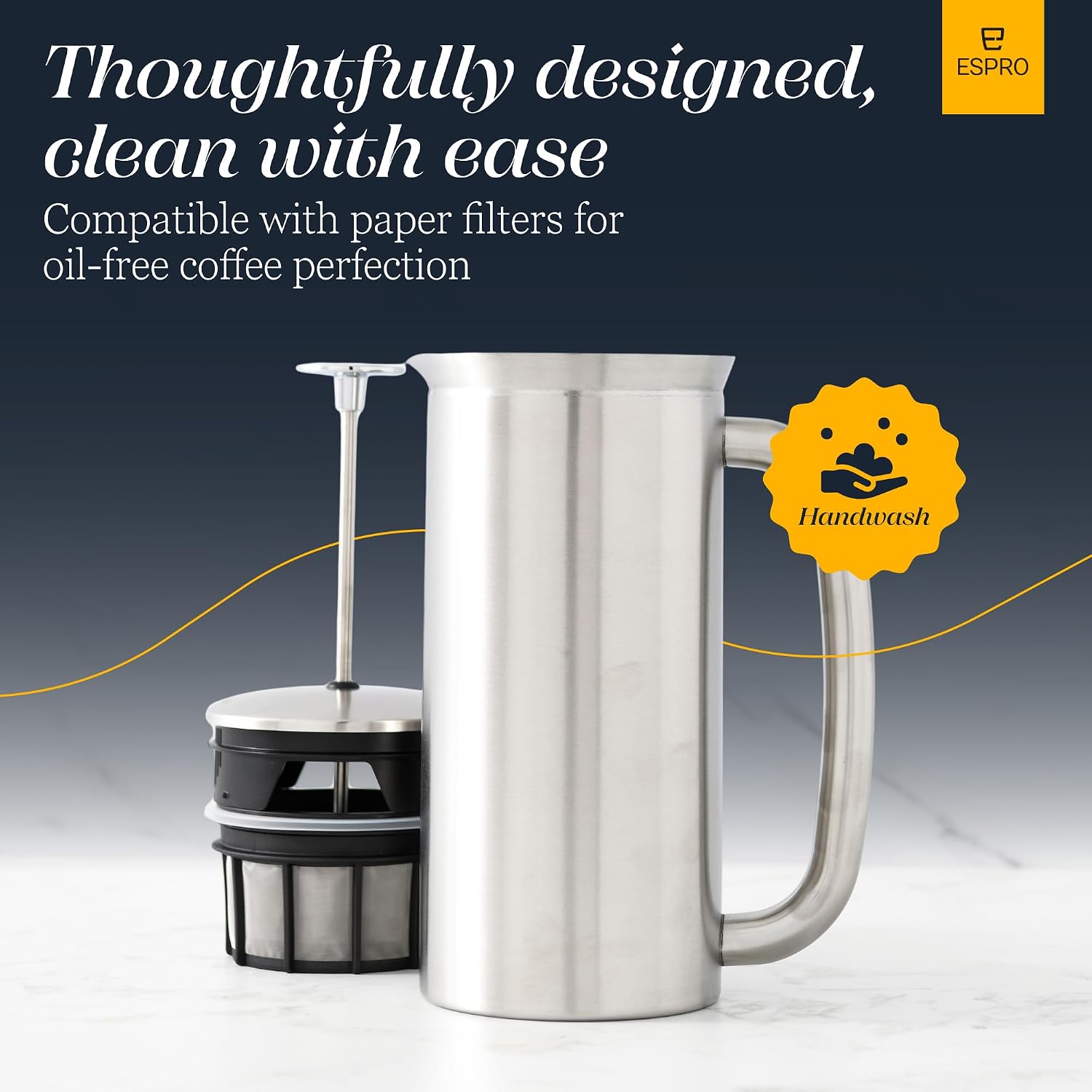 ESPRO P7 French Press, 18oz, Brushed, Stainless Steel Coffee Maker | Double Filter Coffee Press, Grit-Free Coffee, Heat Resistant Insulated tea Press, Easy Hot and Cold Coffee Brewer, Tea Brewer