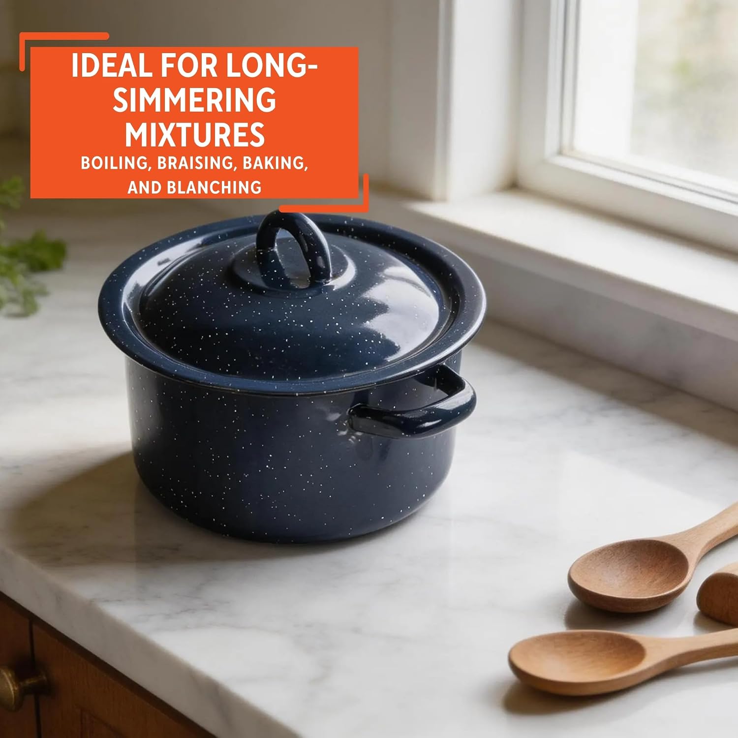 IMUSA USA C20666-1062810W Speckled Enamel Stock Pot with Lid, 4 Quart, Blue | Speckled Enamel Finish, Durable Steel Construction, Ideal for Soups and Stews, Great for Everyday Family Meals