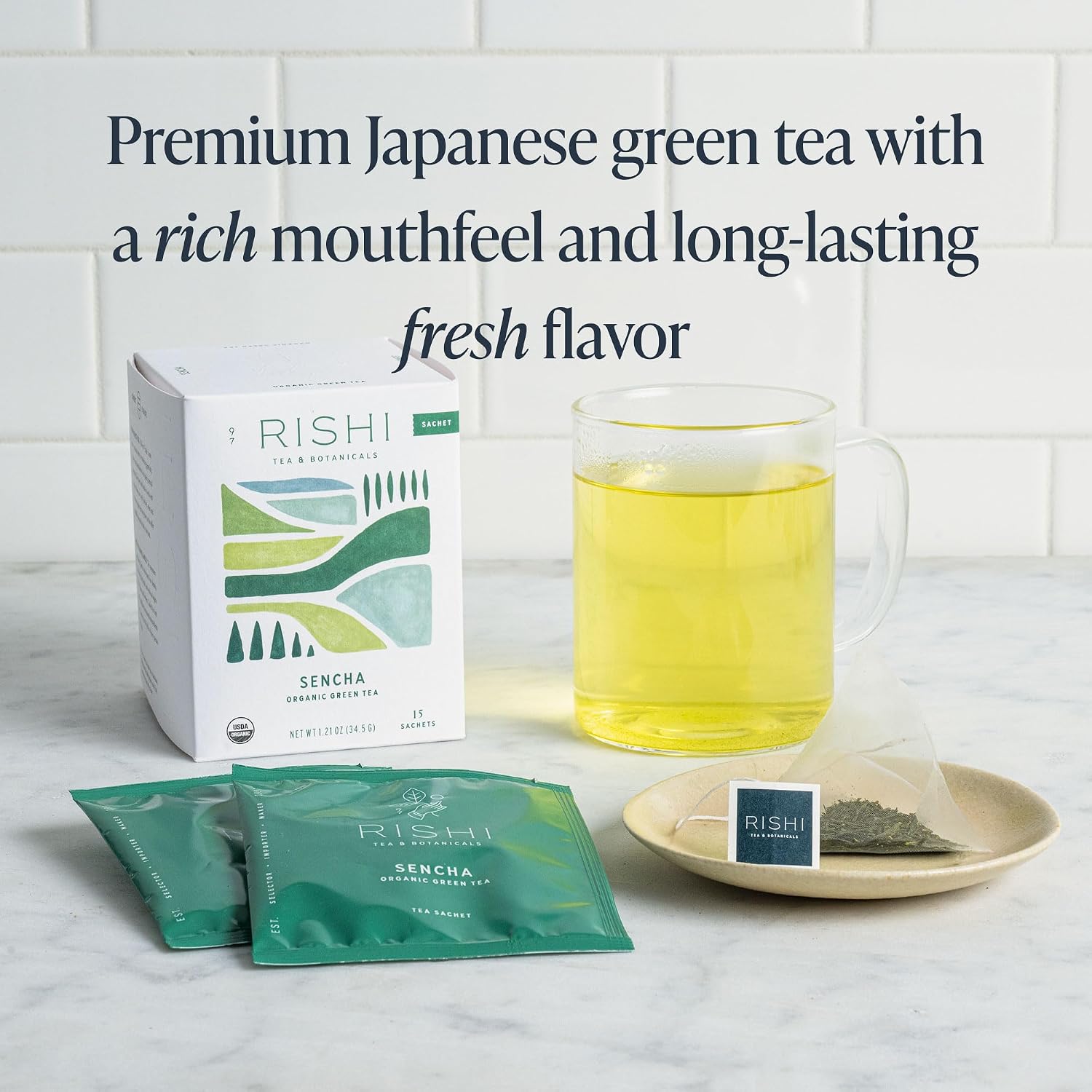 Rishi Tea Sencha Green Japanese Organic Sachet Tea Bags, Caffeinated, 15ct | Classic Japanese Sencha Green Tea, Enjoy Hot or Iced, Sustainable, 15 Servings