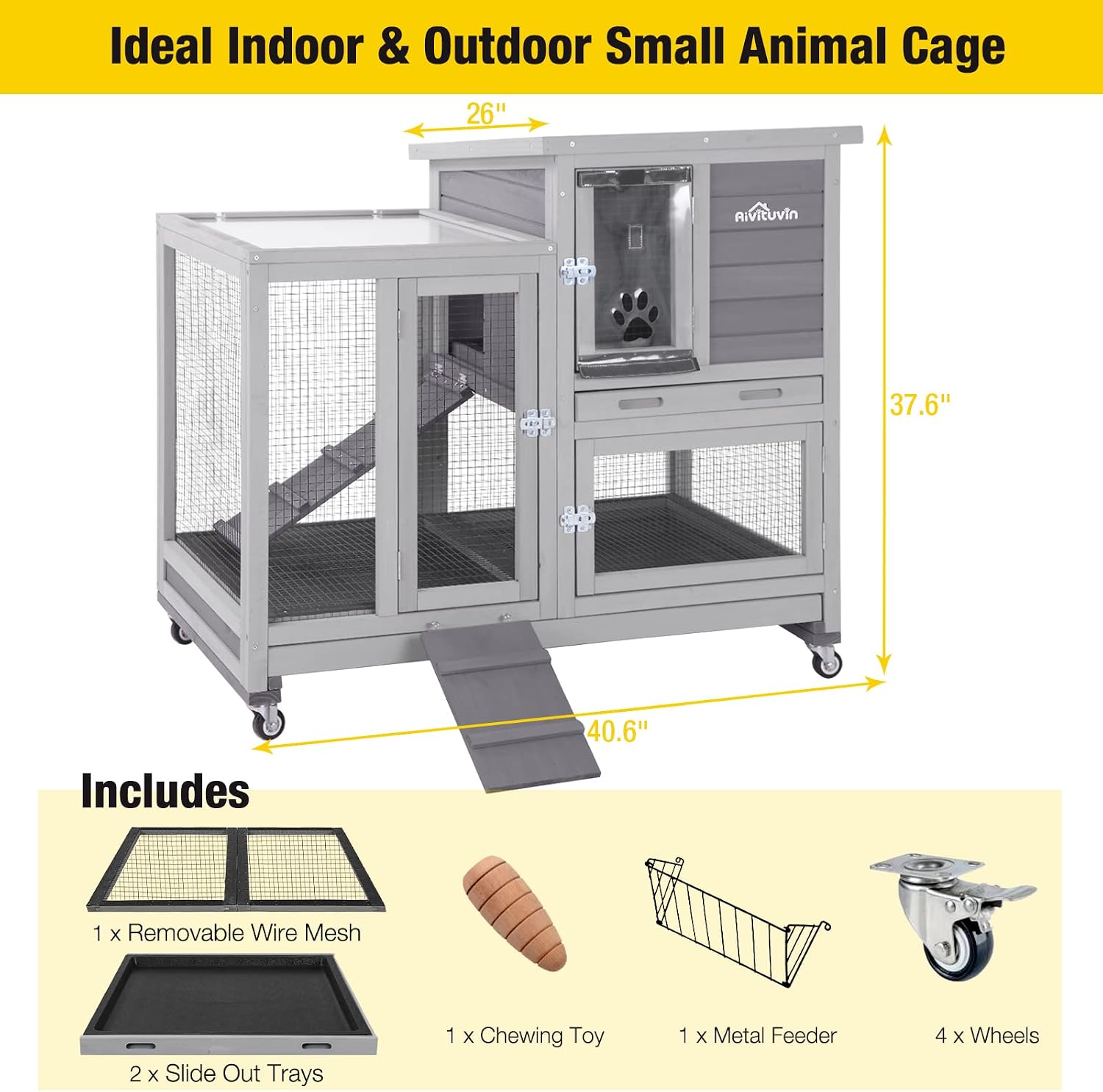 Indoor Rabbit Bunny Hutch Outdoor, Guinea Pig Cages with Removable Bottom Wire Netting - Easy Clean