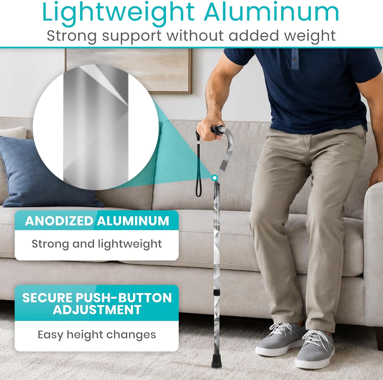 Vive Walking Cane for Women, Men, Elderly - Patented Offset Grip - Lightweight Adjustable Walking Aid with a Non-Slip Tip - Sturdy Balancing Mobility Aid for Seniors