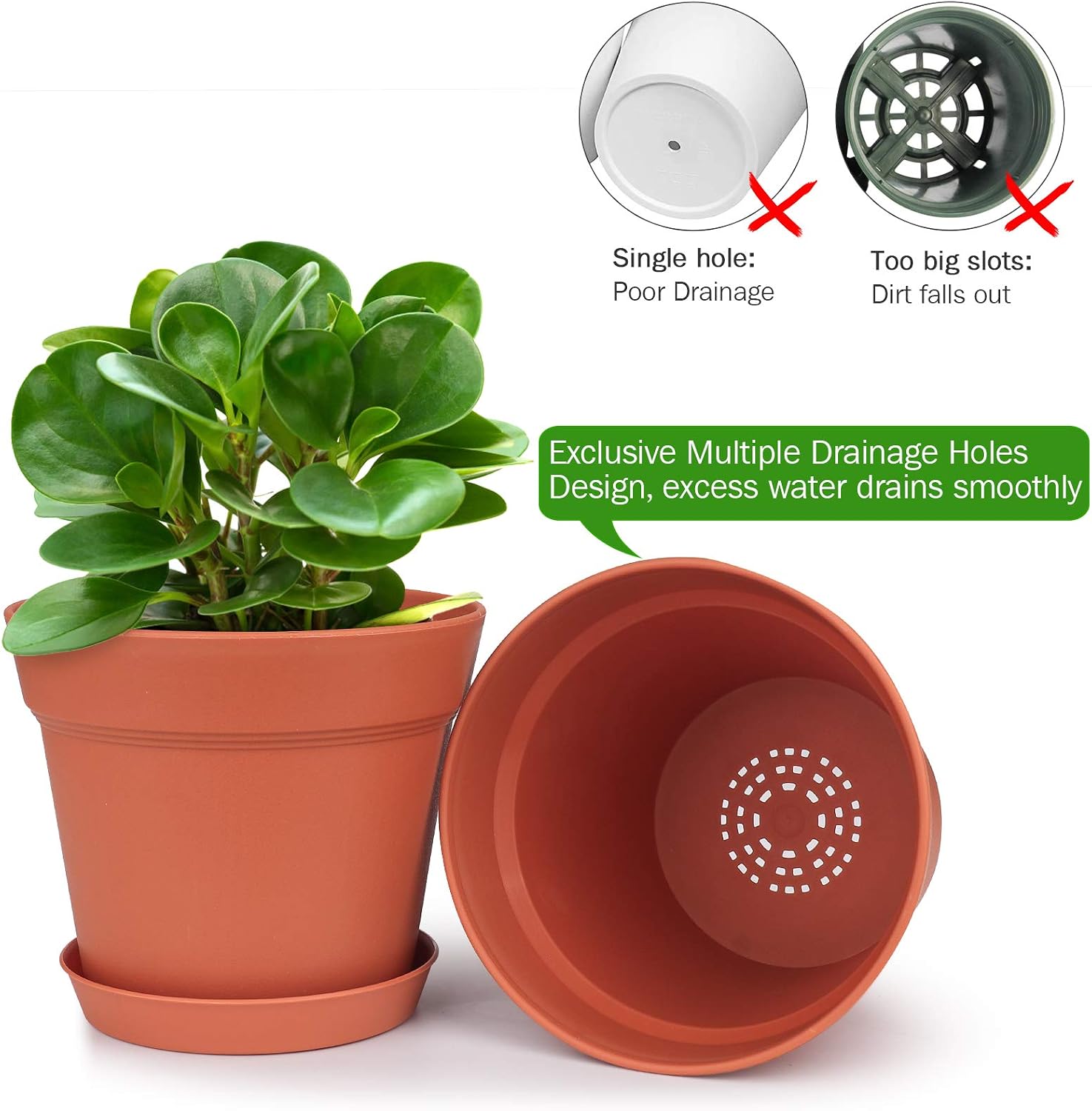 homenote 7.5 Inch Plastic Flower Pots with Drainage Holes and Trays (8 Pcs)