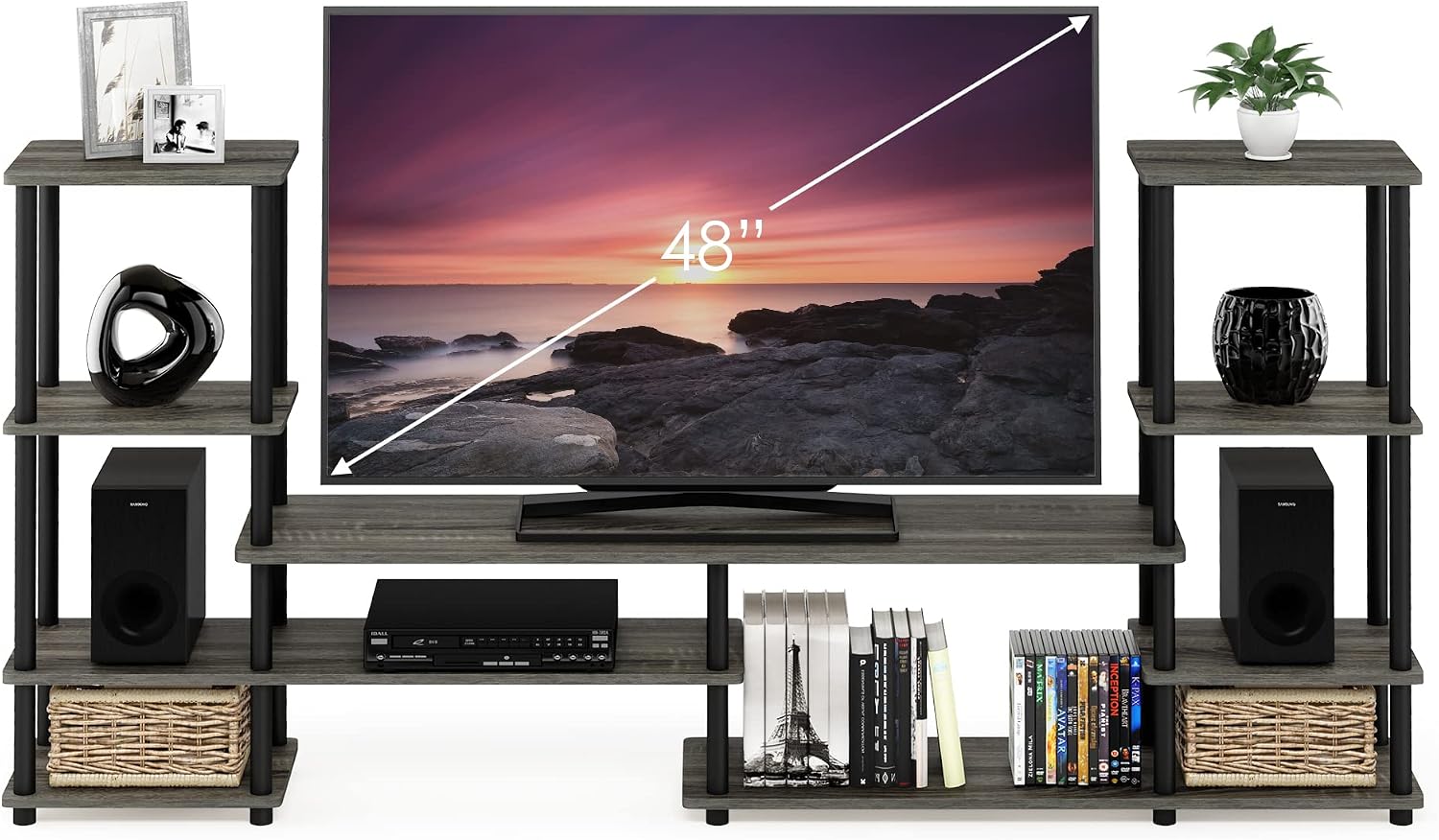 Furinno Nelly TV Stand, 3-Tier Entertainment Center with Open Shelves Storage, TV Console for TV up to 55 Inch, Soft Edges, for Living Room, Bedroom, Black