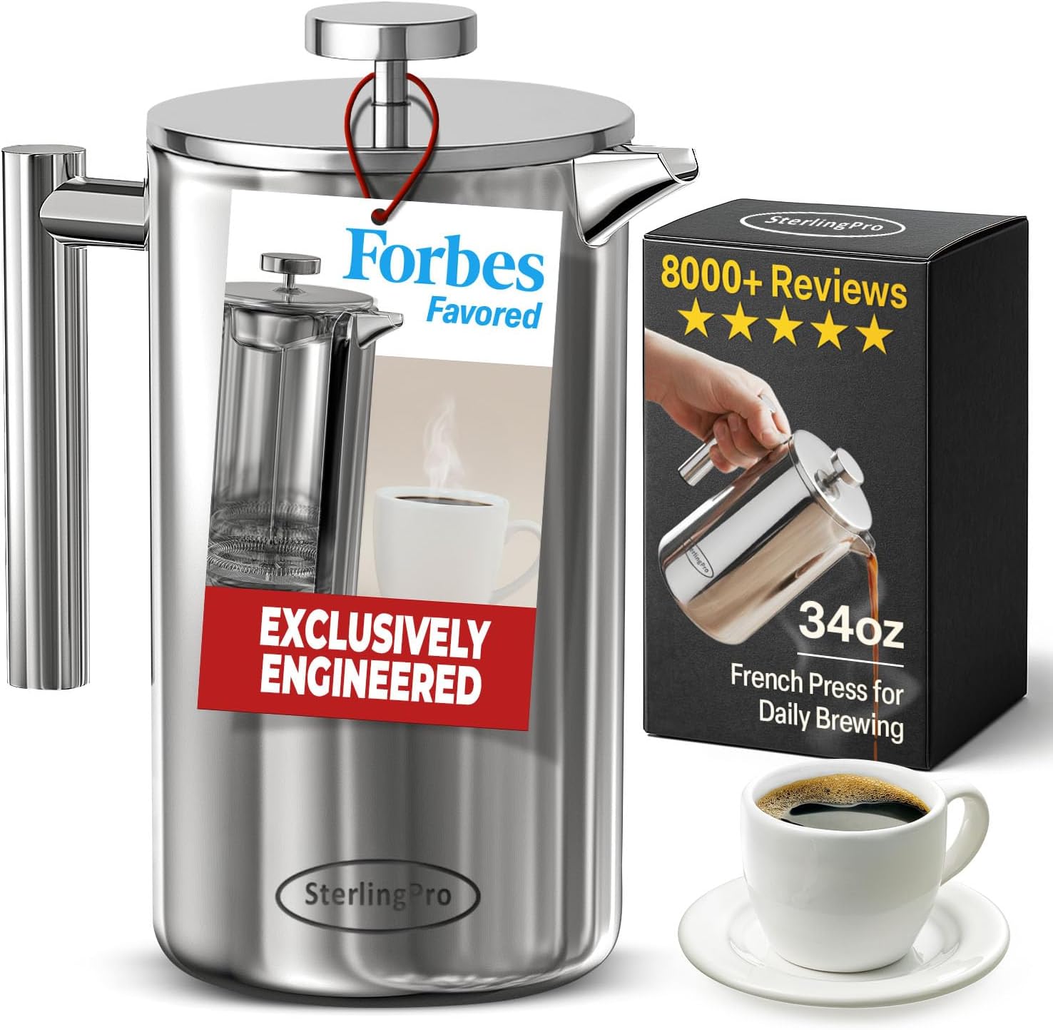 SterlingPro Large Insulated Stainless Steel French Press Coffee Maker 51oz Capacity (44 oz Brew Yield) – Double Wall Metal Coffee Press | Plastic Free | Cool-Touch | Mirror Finish | 12 Cups / 6 Mugs