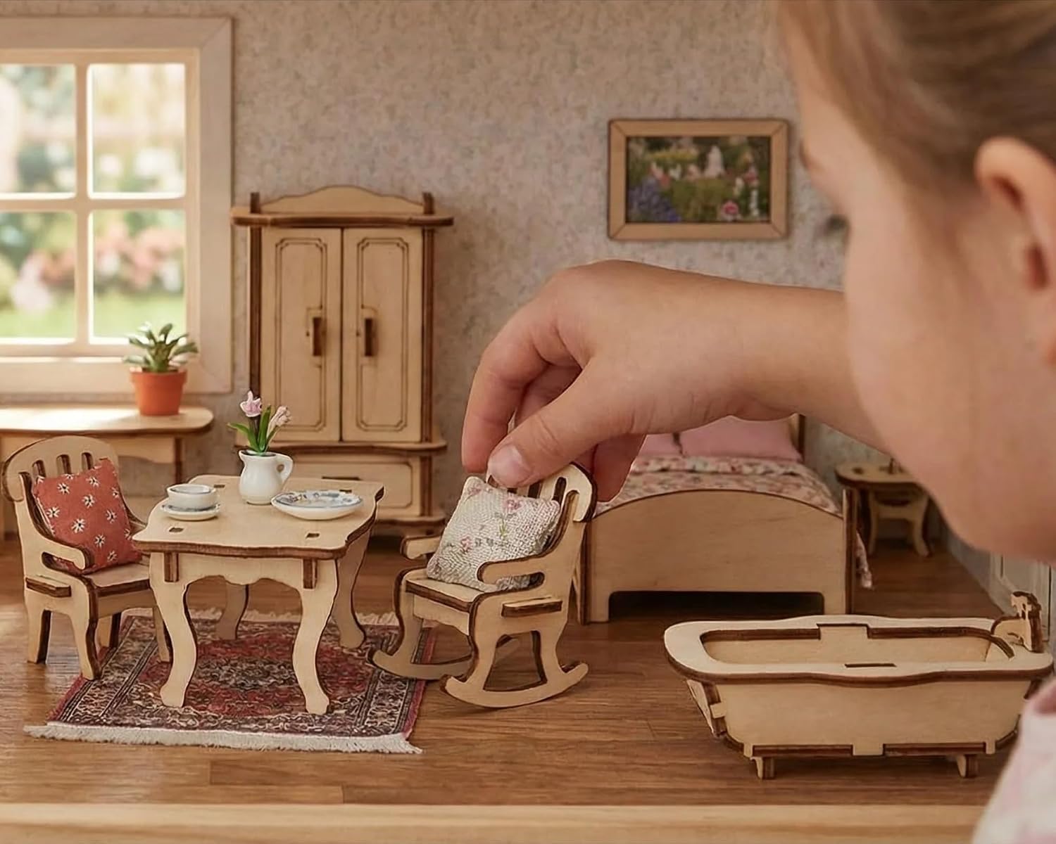 Dollhouse Furniture Set, 34 Wooden Miniatures and Accessories, 1:24 | Laser-cut DIY 3D puzzles, living, dining, kitchen, bath and bedroom pieces