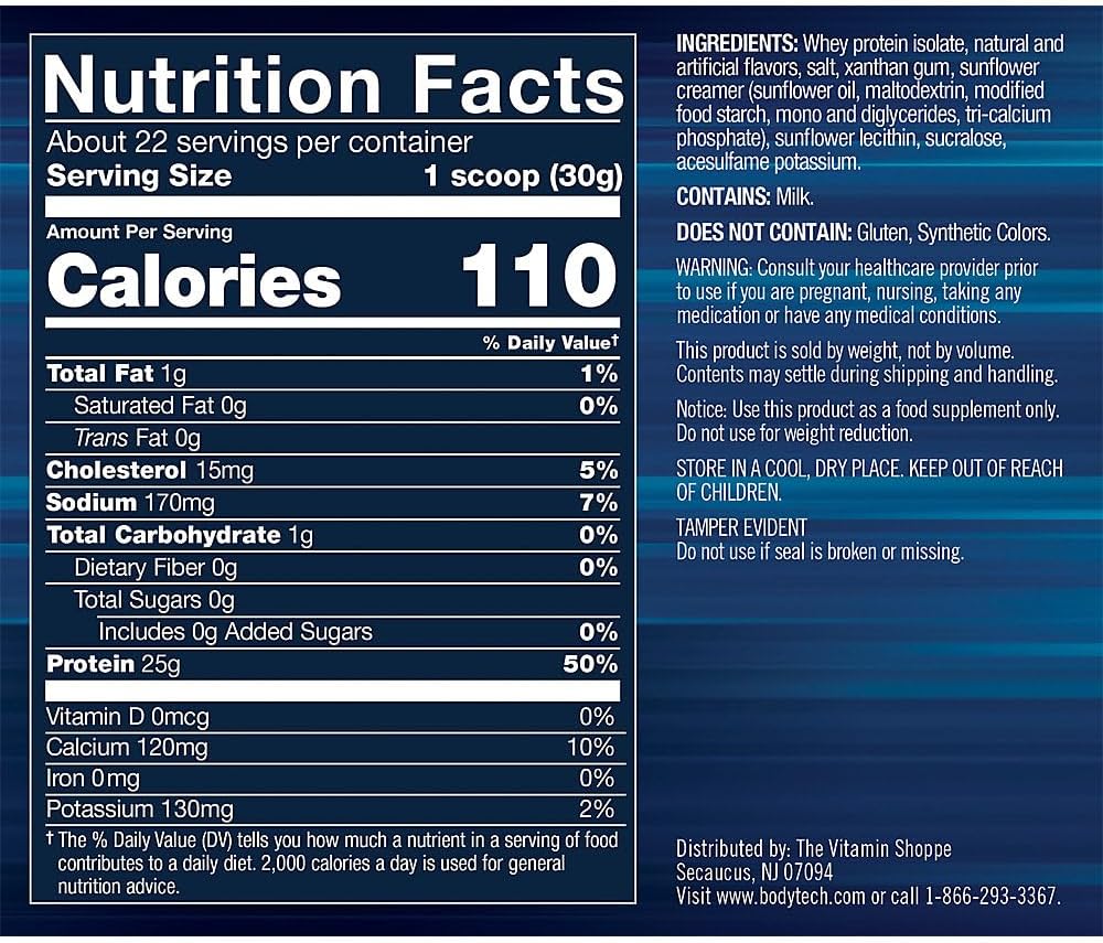 BodyTech Whey Protein Isolate Powder, French Vanilla, 1.5 LB, 23 Servings | 25G Protein per Serving, High Concentrated Protein Powder With Amino Acids & BCAAs for Men and Women, Gluten Free