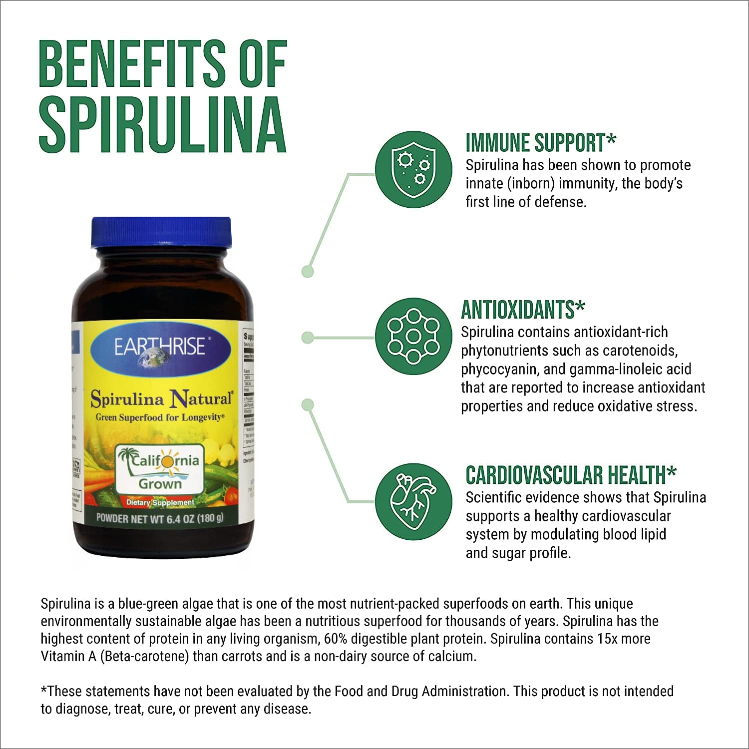 EARTHRISE Spirulina Powder 180 Gram | 100% California Grown