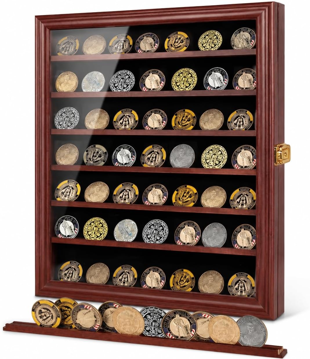Jinchuan Military Challenge Coin Display Case Lockable Cabinet Rack Holder Shadow Box with Removable 2 Grooves Shelves and Anti Dust Door for Casino
