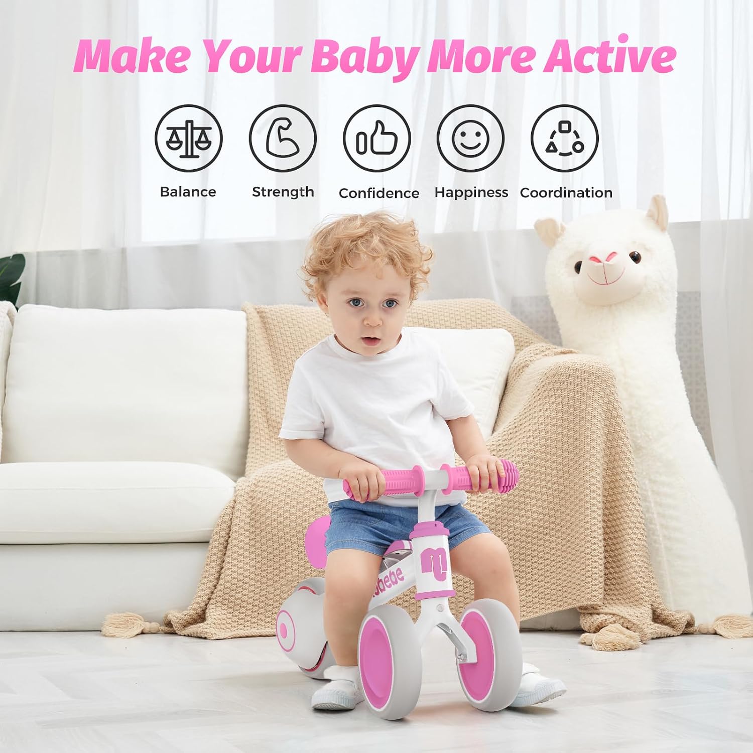 Baby Balance Bike, Cute Toddler Bikes 12-36 Months Gifts for 1 Year Old Girl Bike to Train Baby from Standing to Running with Adjustable Seat Silent & Soft 3 Wheels