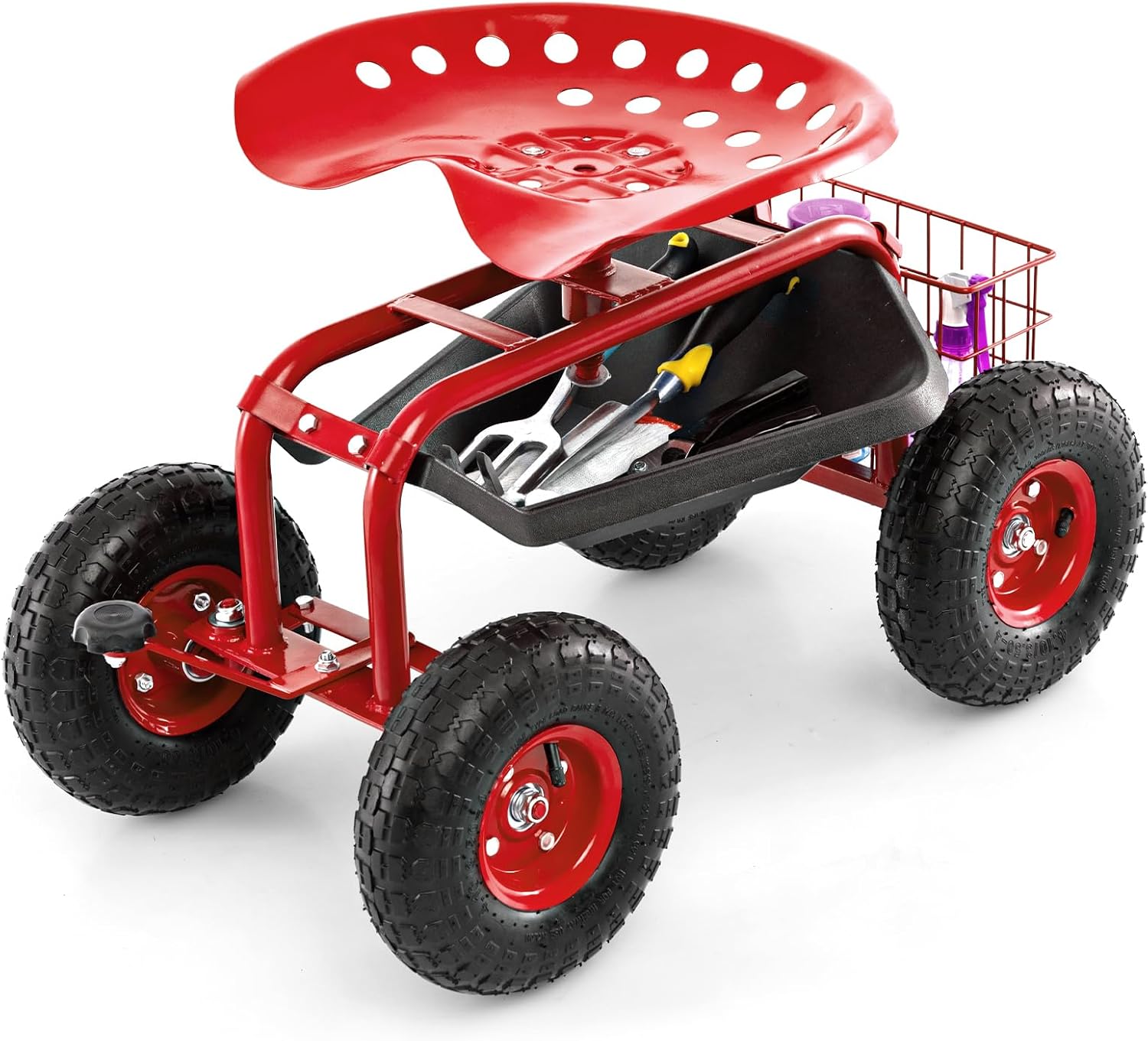 Goplus Rolling Garden Cart with Seat, Outdoor Garden Stool with Wheels, Tool Tray & Basket, Adjustable Steering Handle