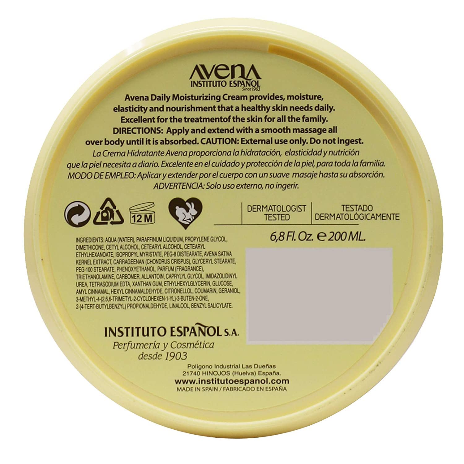 Avena Instituto Espaol Moisturizing Cream, Hand & Body, Revitalizes and Protects Your Skin, 2-Pack of 6.8 FL Oz Each