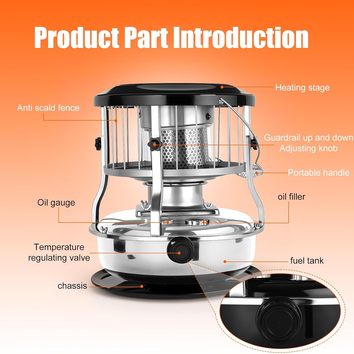 2-in-1 Kerosene Heater 9000 BTU, 4.5L Stainless Steel Kerosene Stove with 16-21H Burn Time, No Electricity Required Portable Radiant Heater, Adjustable Height Handle for Indoor Outdoor Camping Huntin