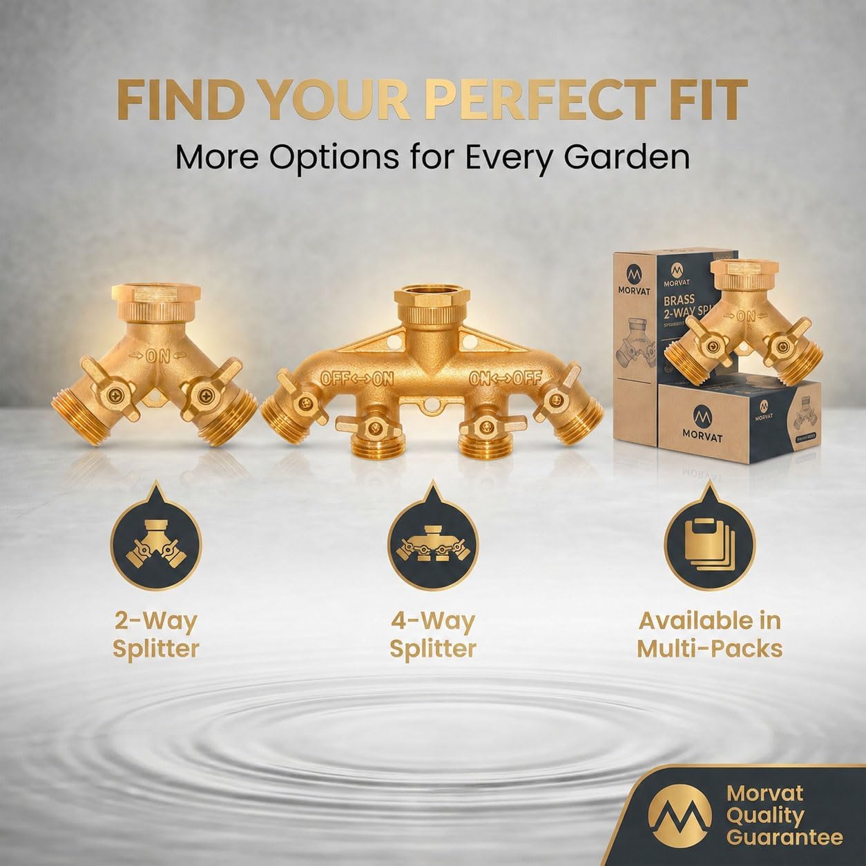 Brass Heavy-Duty Garden Hose Water Splitter | LEAD-FREE 2-Way Y Splitter for Water Spigot & Faucet | Manifold Connector ON/OFF Valves w/Improved Comfort Grip, 3 Extra Washers & Teflon Tape