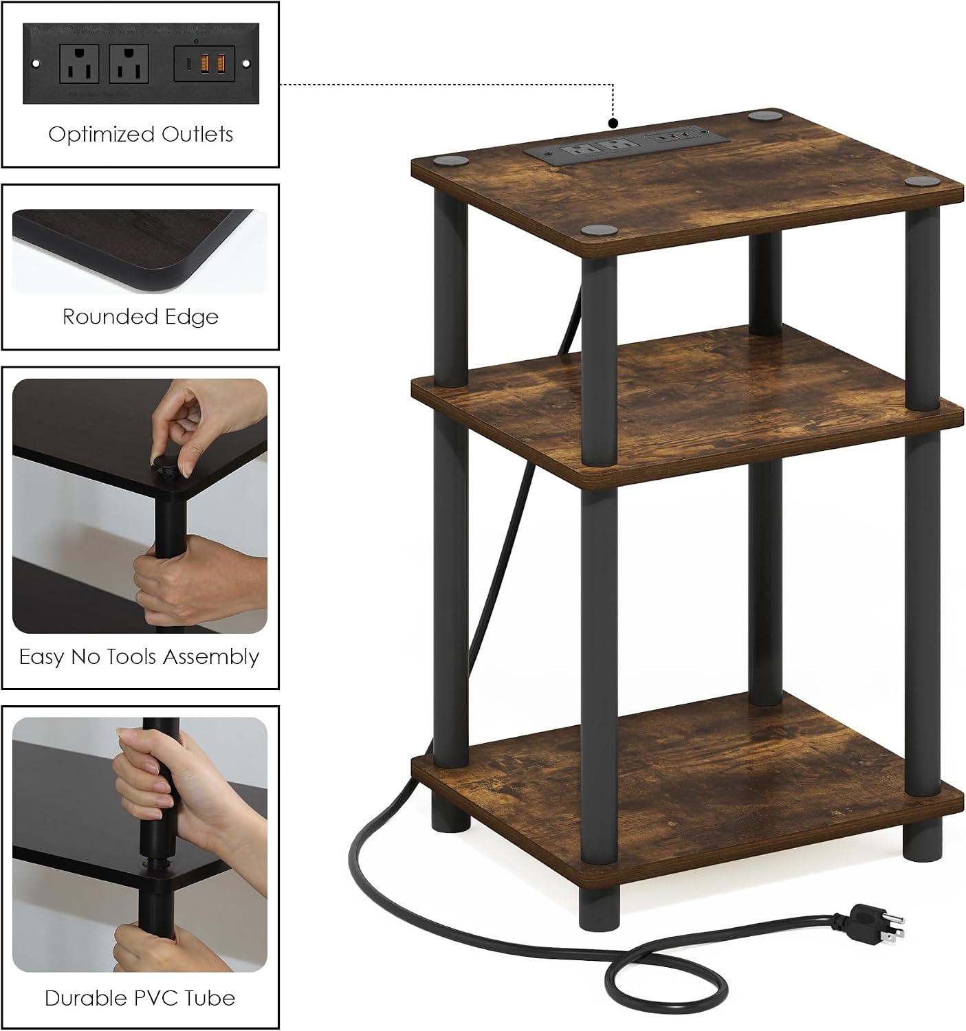 Furinno Turn-N-Tube End Table Corner Shelves, Set of 2, Dark Cherry/Black | Stackable Modern End Table with Open Shelf, Night Stand, Bedside Table, for Living Room, Bedroom