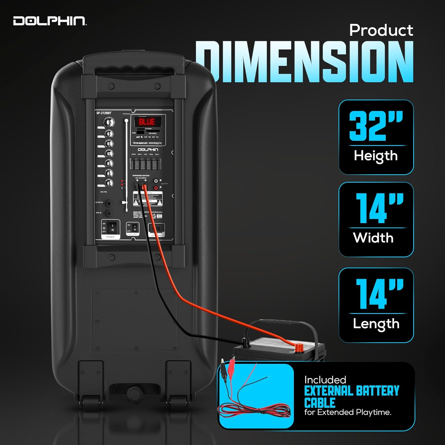 Dolphin Bluetooth Party Speaker with Wired Microphone, Dual 12" Woofers | 5-Band EQ, Hi-Fi Amplifier, Multicolor LED Lights, USB & AUX Playback