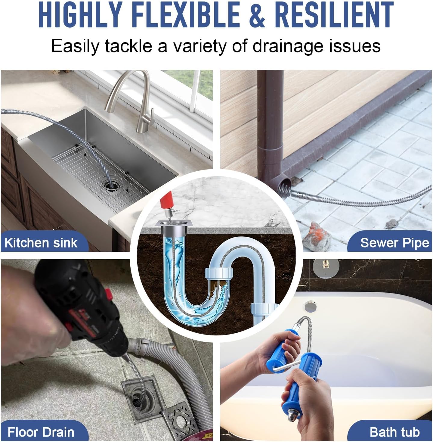 Drain Snake, Drain Auger with Drill Attachment, 16.4 Feet By 5MM Plumbing Snake Auto Feed Flexible Hair Drain Clog Remover for Kitchen, Bathrom and Shower Sink with Gloves