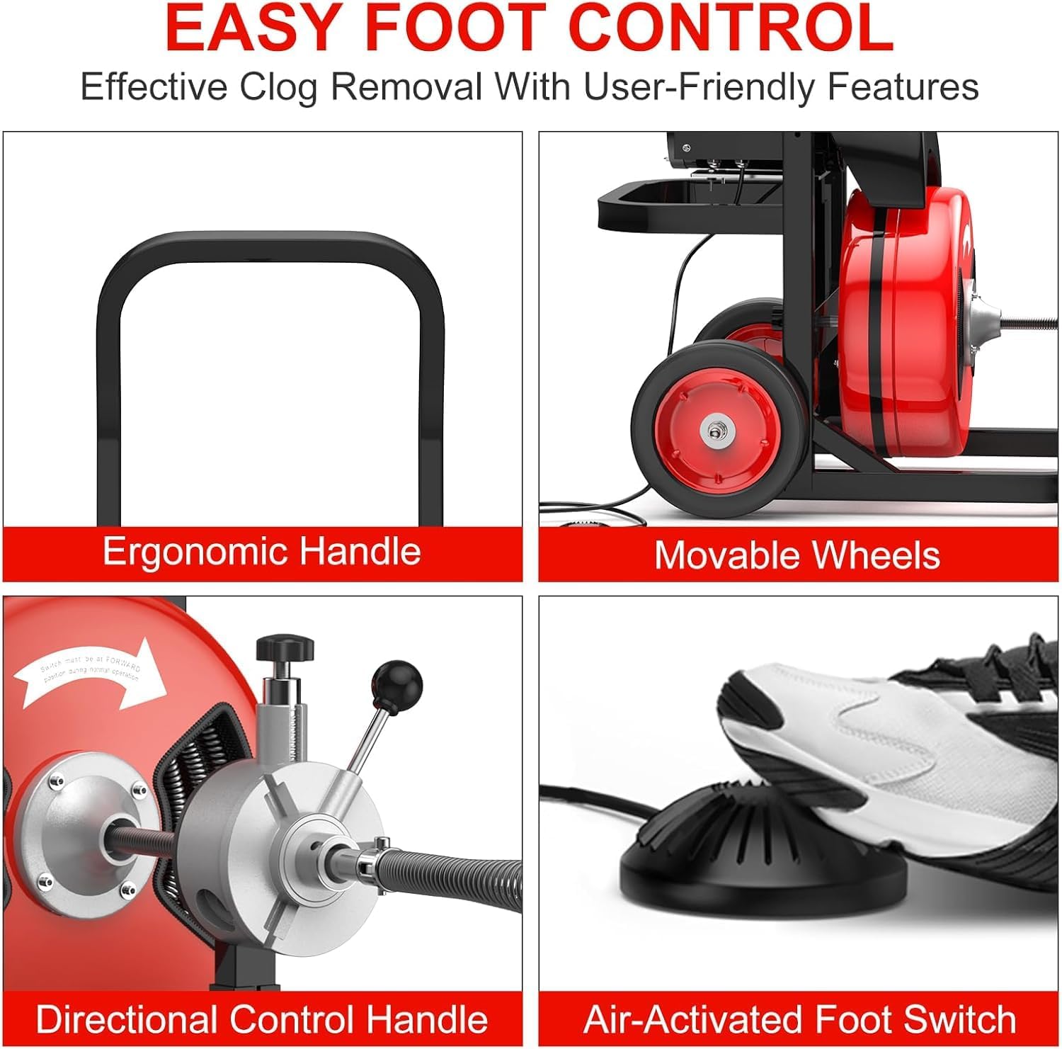 100Ft 3/4 Inch Drain Cleaning Machine. Sewer Snake 750w Auto Feed | Portable Drain Cleaning Machine Electric Drain Auger Sewer Auger with 6 Cutter Air-Activated Foot Switch for 4" to 8" Pipes