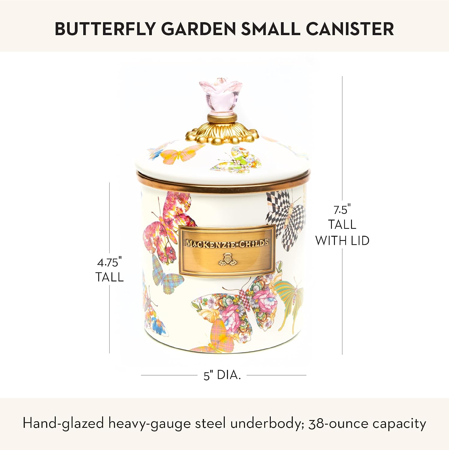 MACKENZIE-CHILDS Enamel Canister, Small, Wild Rose Brown | Hand-applied design, made from enameled steel, versatile kitchen storage container for flour and sugar, 38-ounce capacity